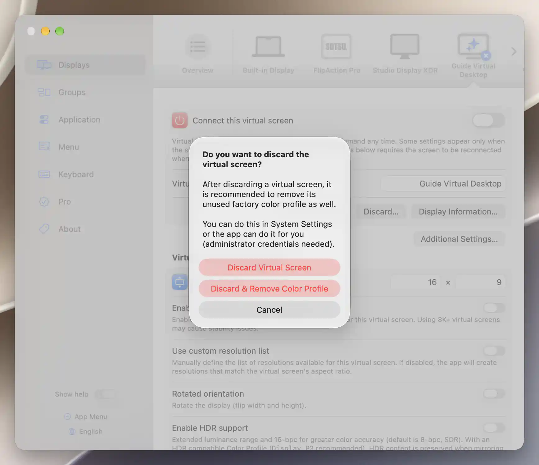 Virtual-screen discard confirmation with optional factory-profile removal and Cancel