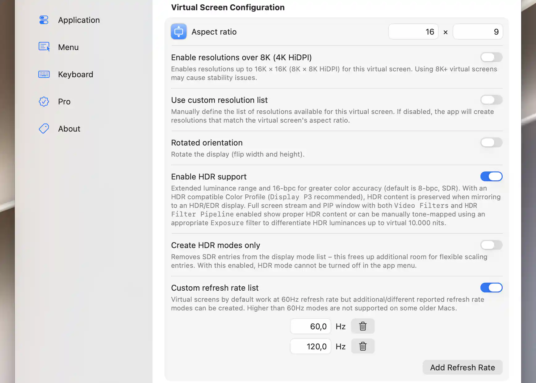 Generated 16:9 virtual modes with HDR enabled, SDR retained, and 60 and 120Hz refresh-rate entries