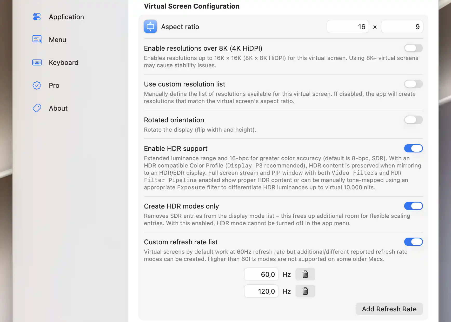 Generated virtual modes with Create HDR modes only enabled and 60 and 120Hz entries