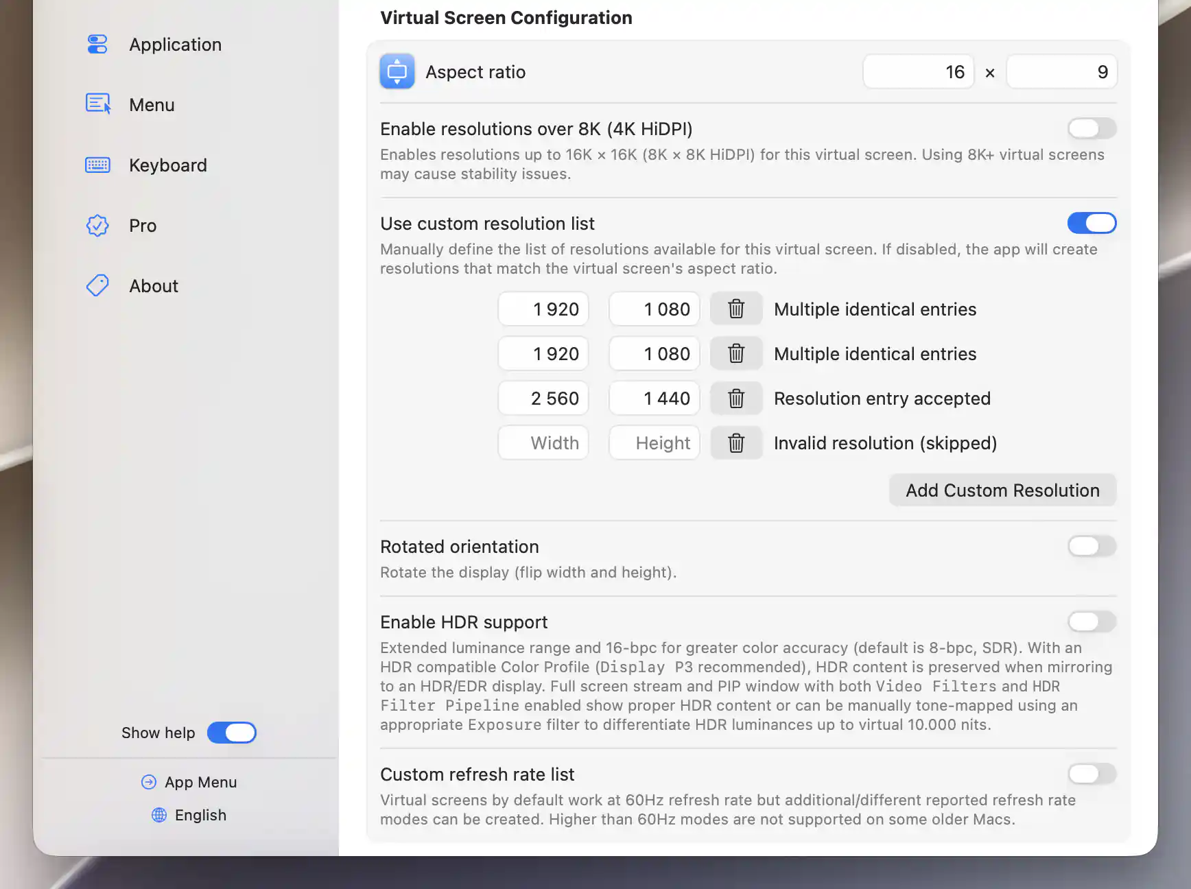 Custom virtual resolution rows with duplicate, accepted and empty invalid feedback