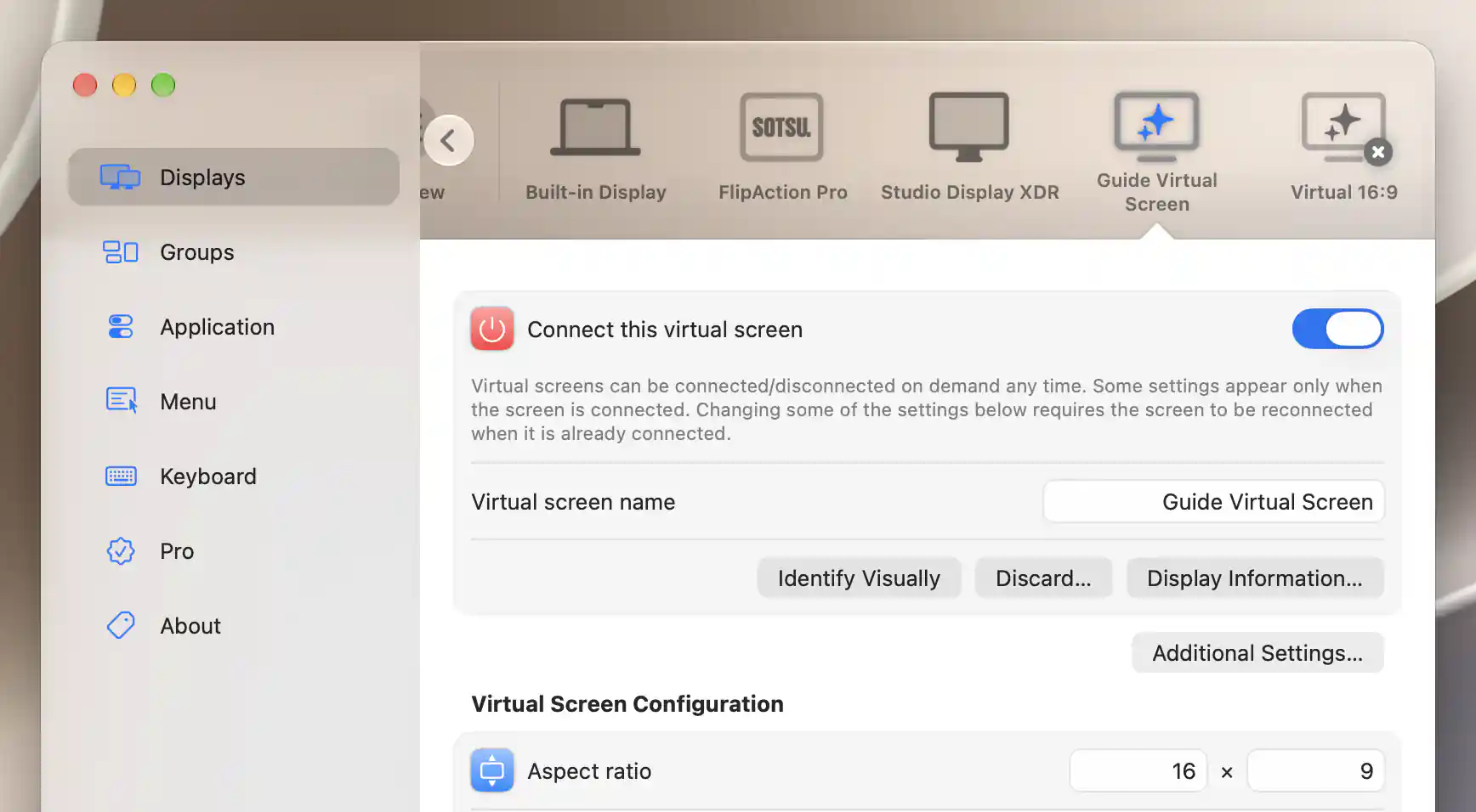 Connected Guide Virtual Screen with connection, naming, information and aspect-ratio settings