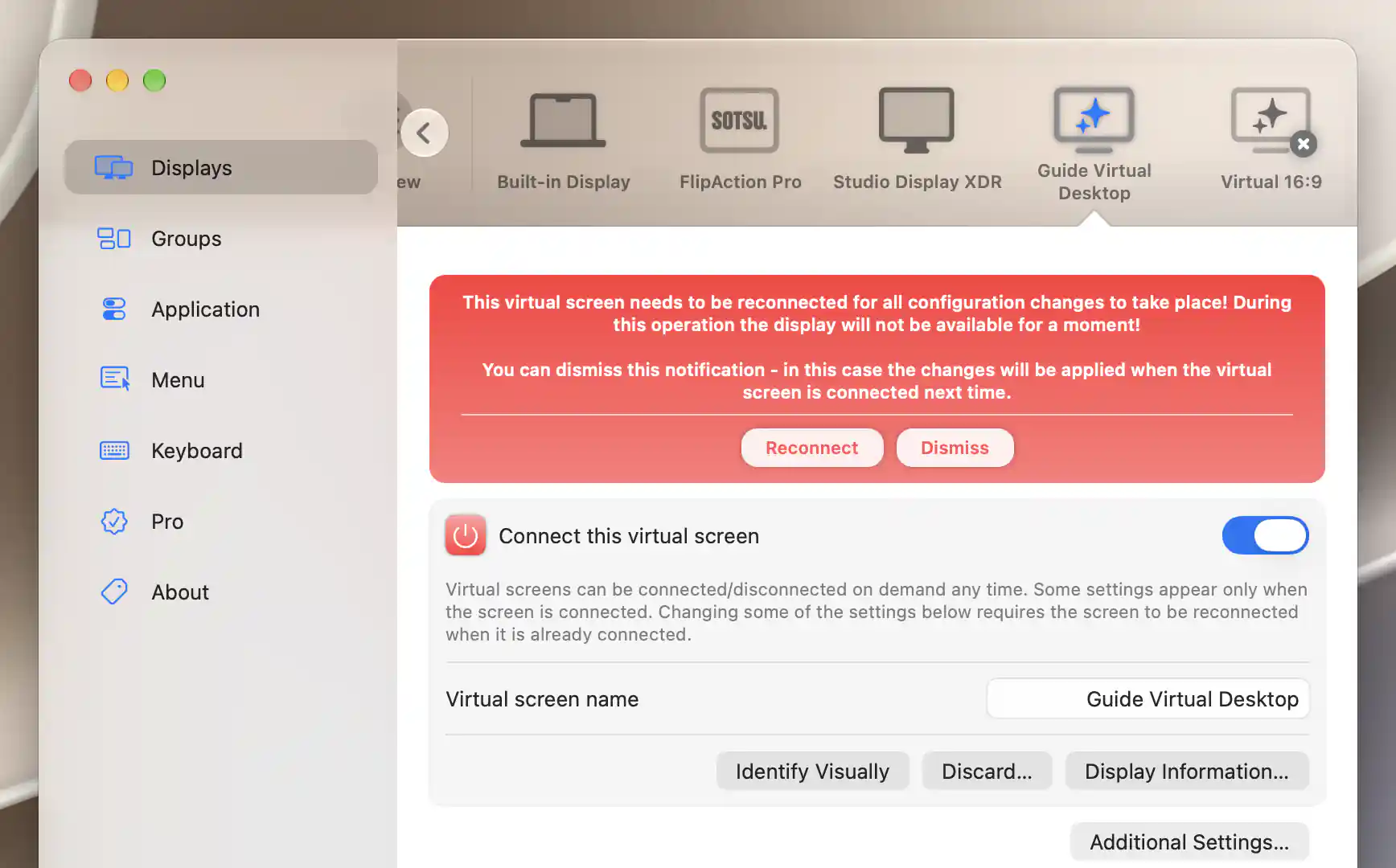 Reconnect-required banner after renaming the connected Guide Virtual Desktop, with Reconnect and Dismiss