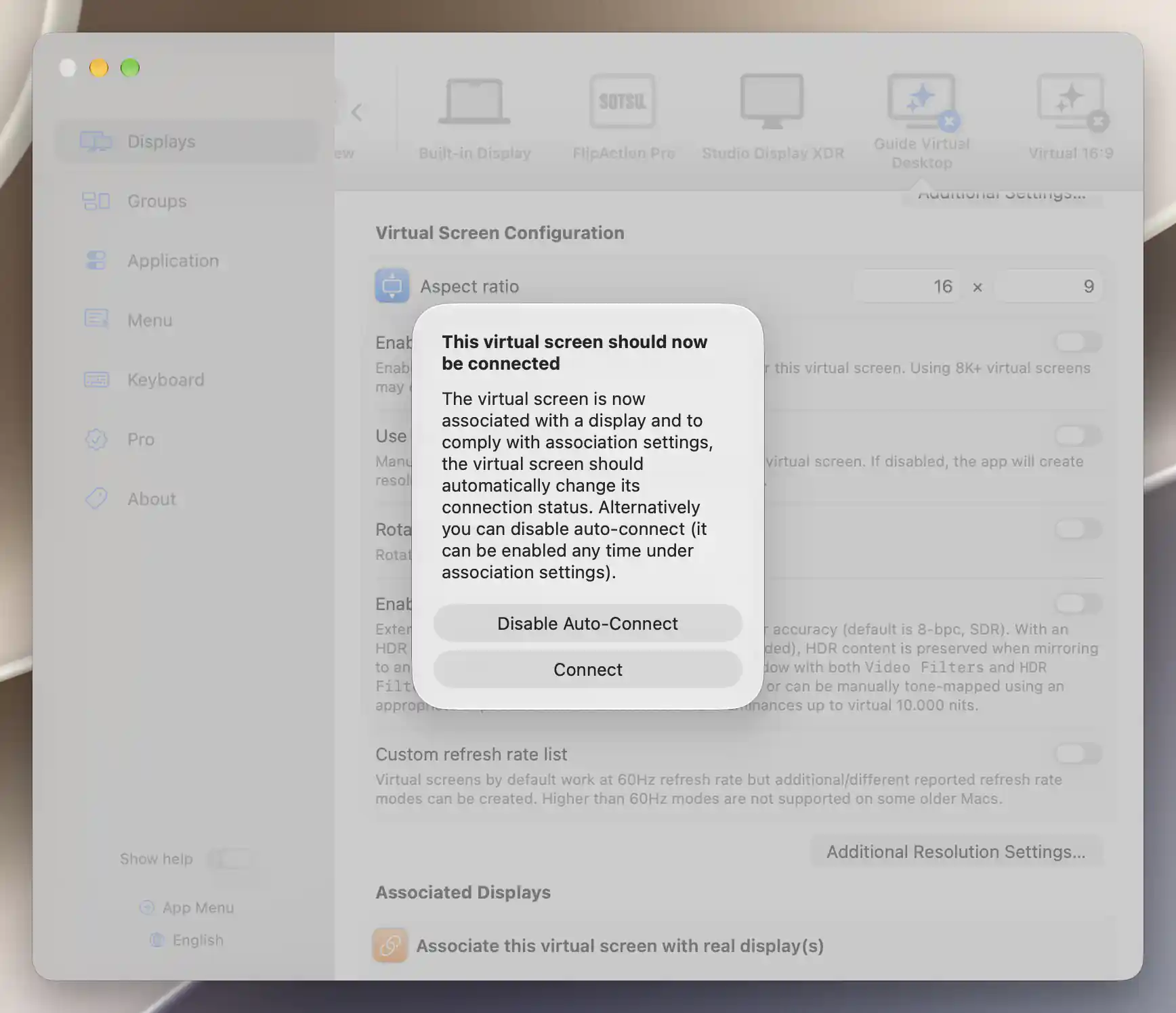 Confirmation offering Disable Auto-Connect or Connect for an associated virtual screen
