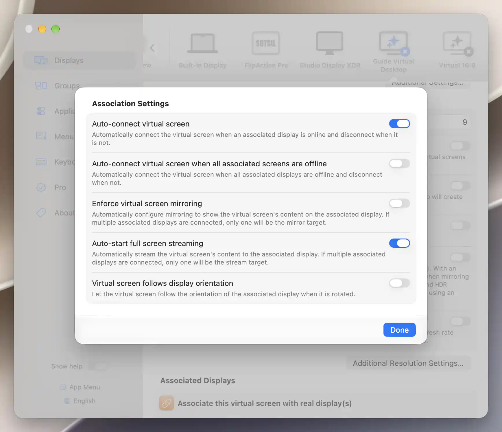 Association Settings with automatic connection and streaming enabled