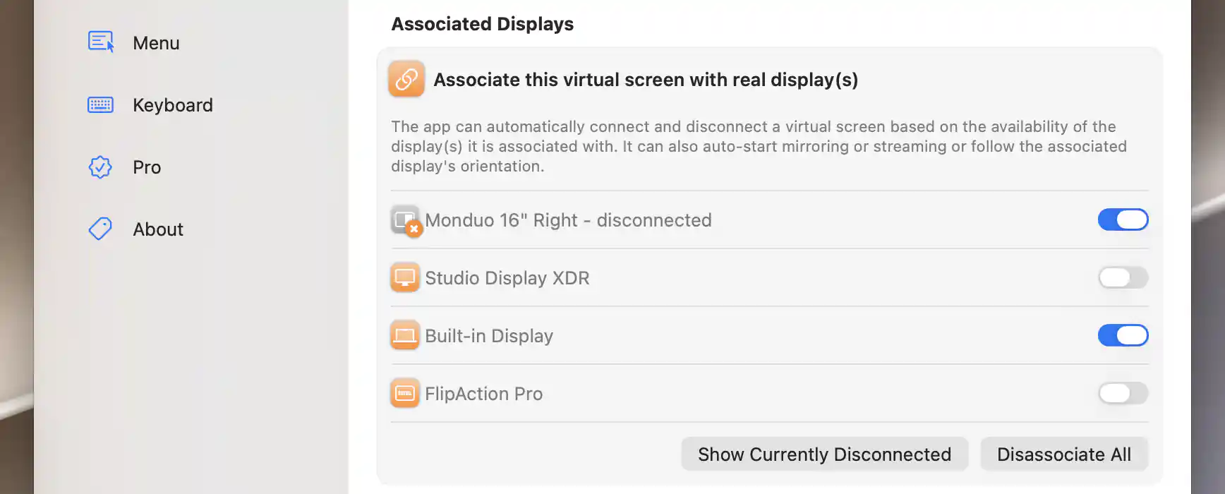 Virtual-screen associations with Built-in Display connected and a remembered Monduo display offline