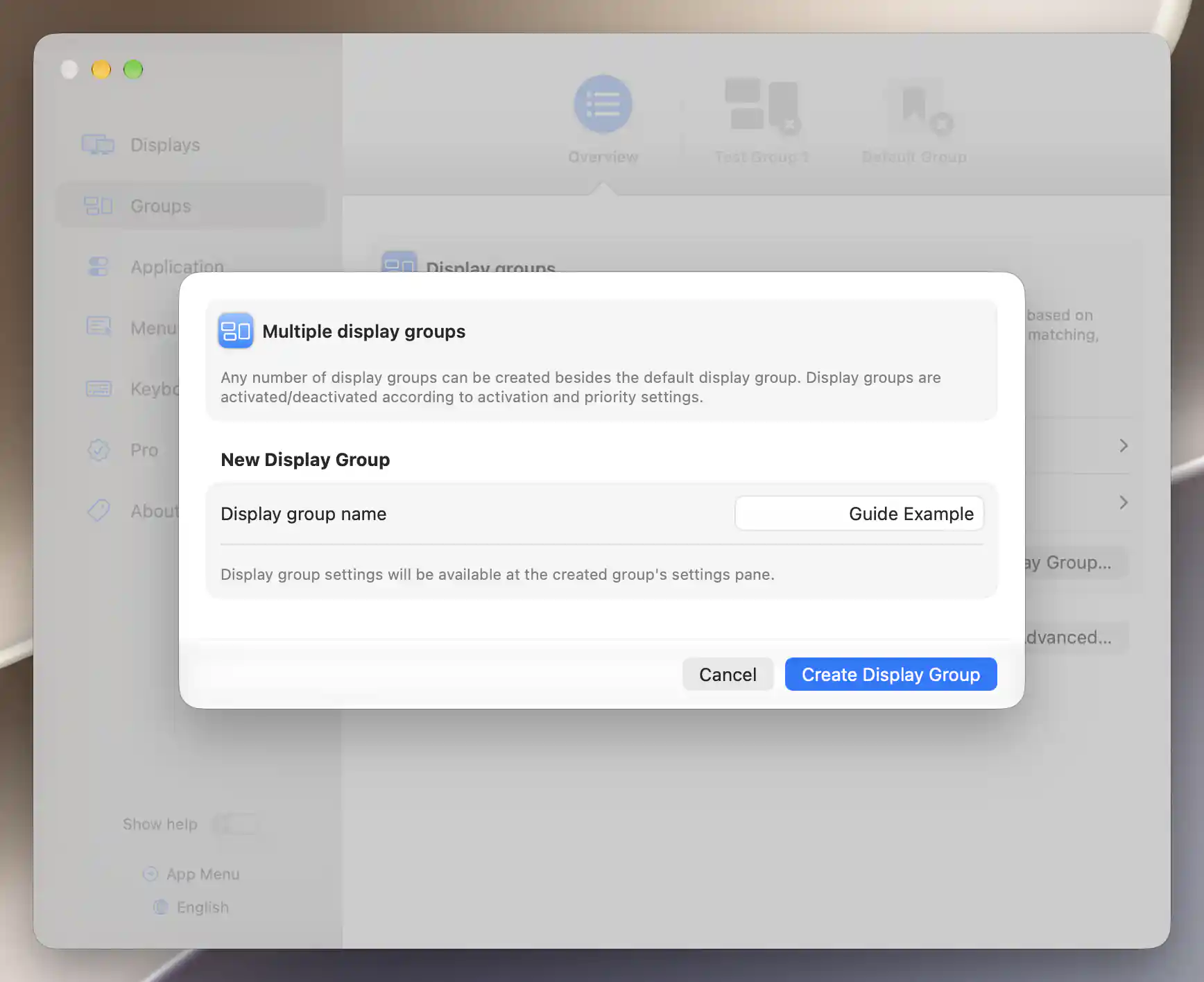 New Display Group sheet with a Guide Example name and Create Display Group button