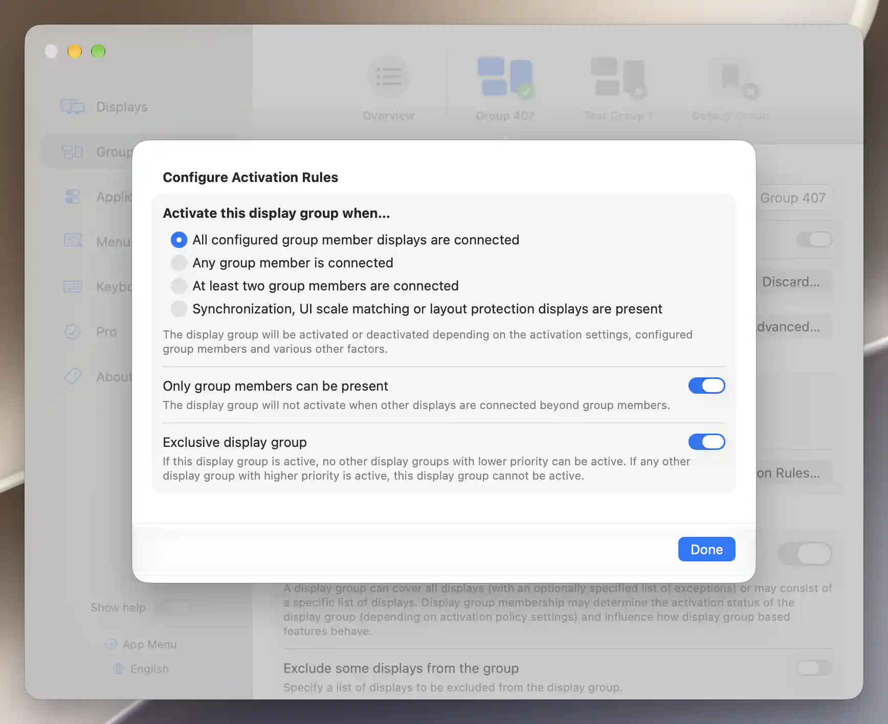 All four group activation choices with all members required and the membership-only and exclusive switches enabled
