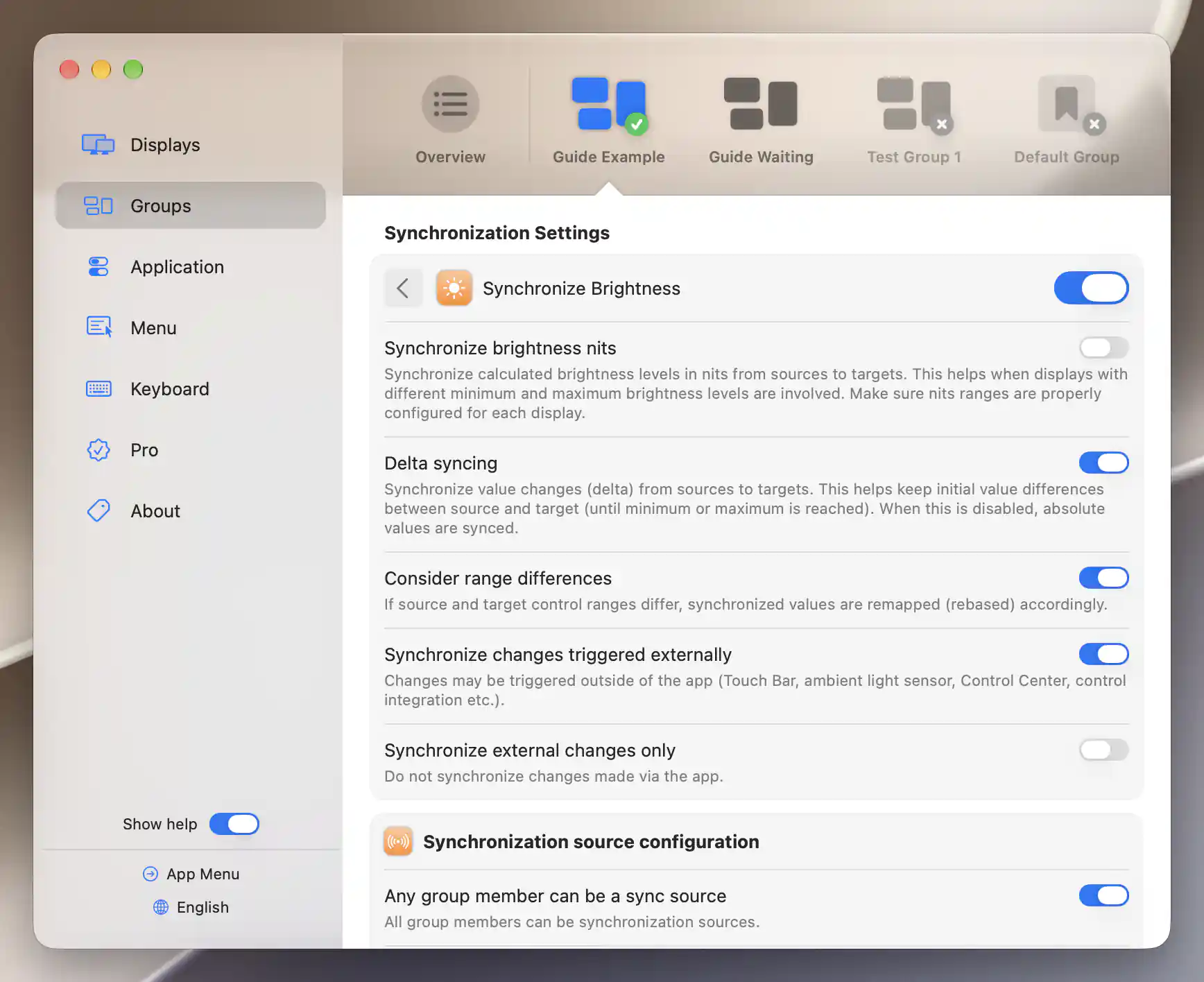 Brightness synchronization with nits off, delta syncing and range remapping enabled, and external-change options