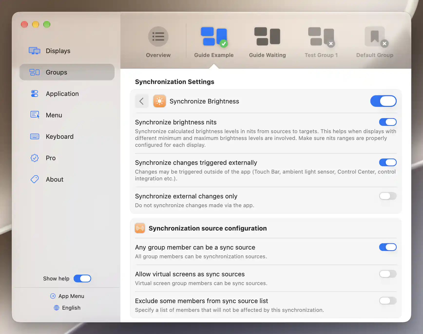 Brightness synchronization with Synchronize brightness nits enabled and delta options hidden