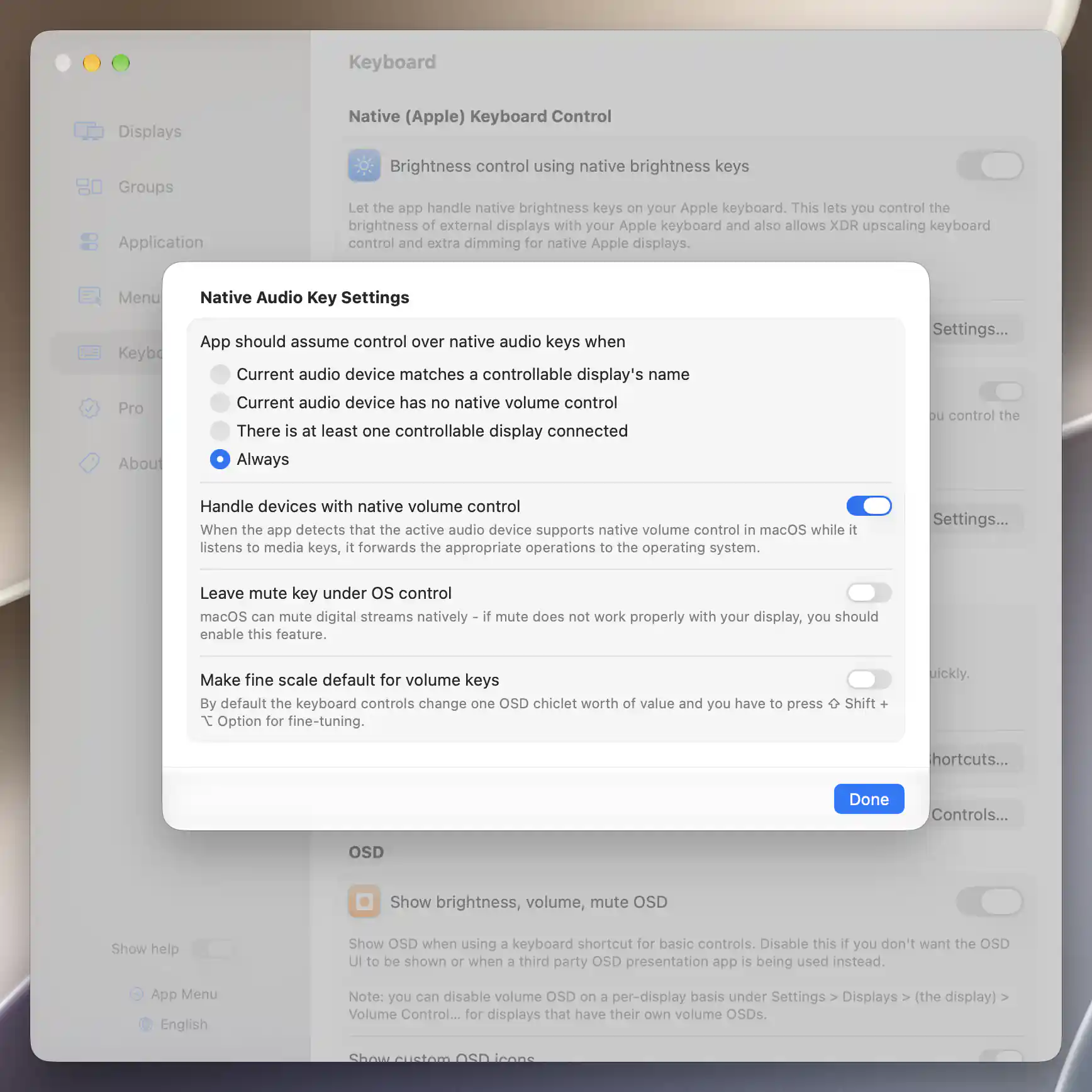 Native audio-key assumption and handling options