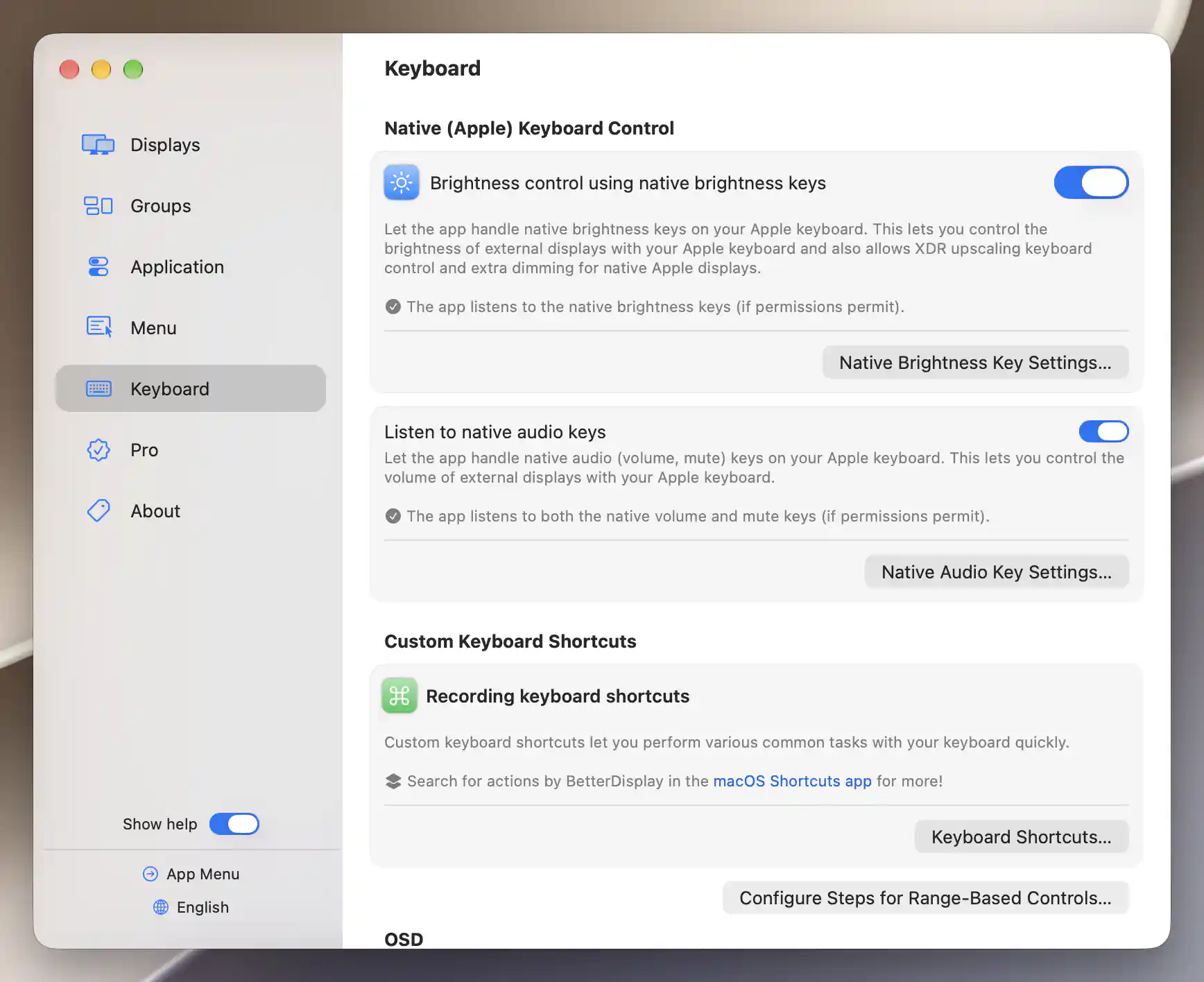 Native brightness and audio key settings with listening status