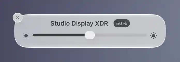 Interactive brightness OSD with display title, current percentage, slider and close button