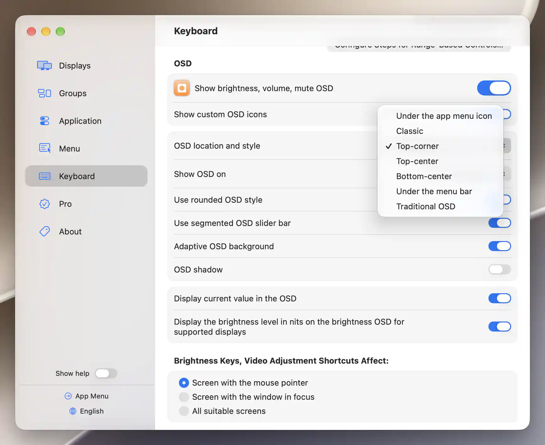 OSD location and style menu with Top-corner selected
