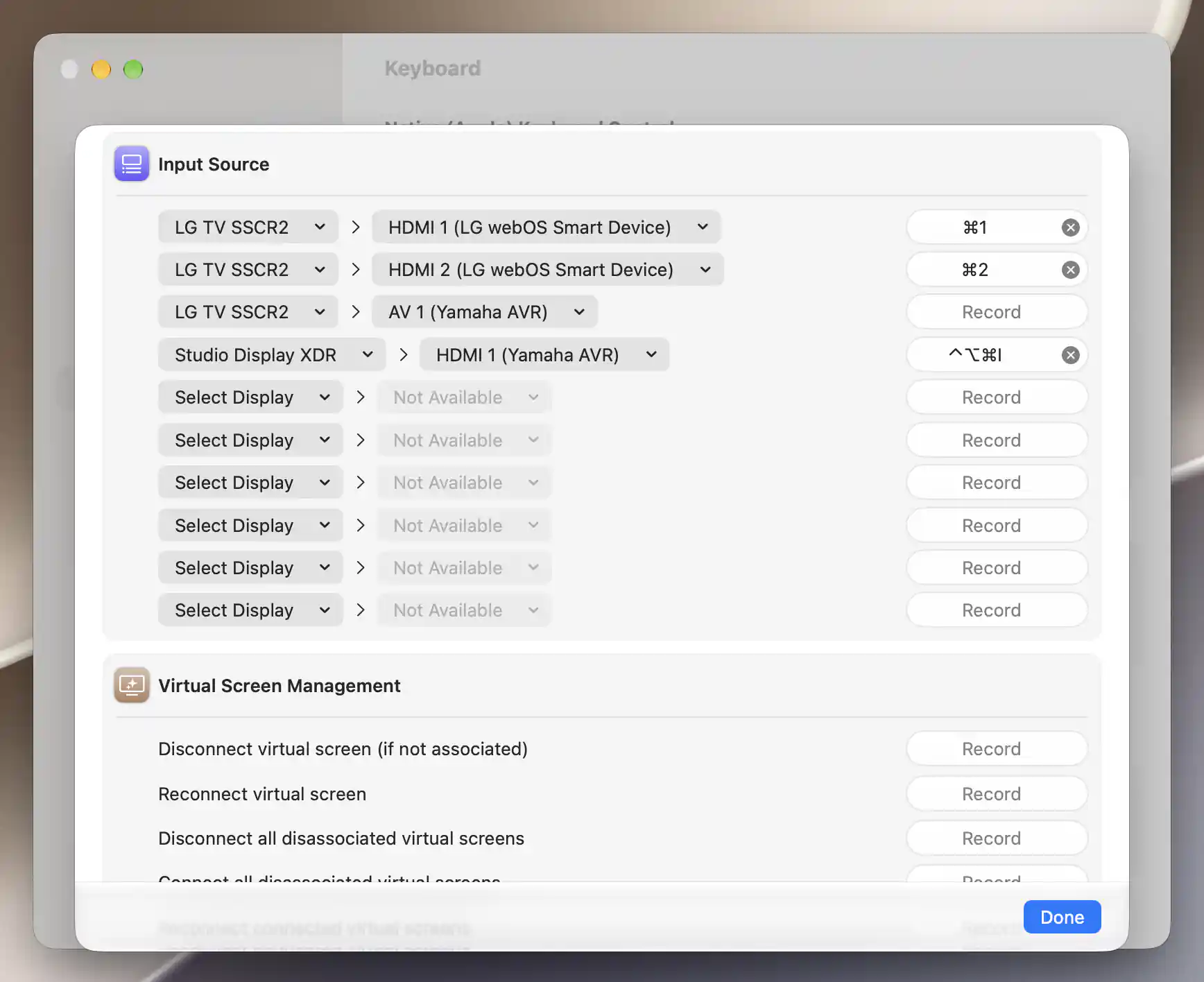Ten input-source shortcut slots with configured, remembered and empty entries