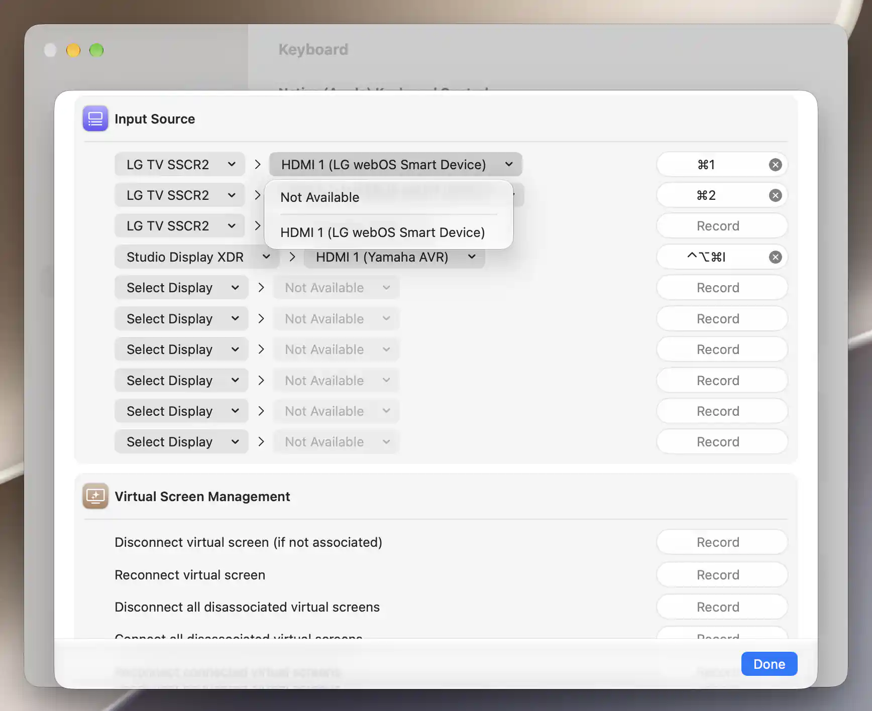 Remembered input shortcut menu with Not Available and its saved HDMI 1 choice