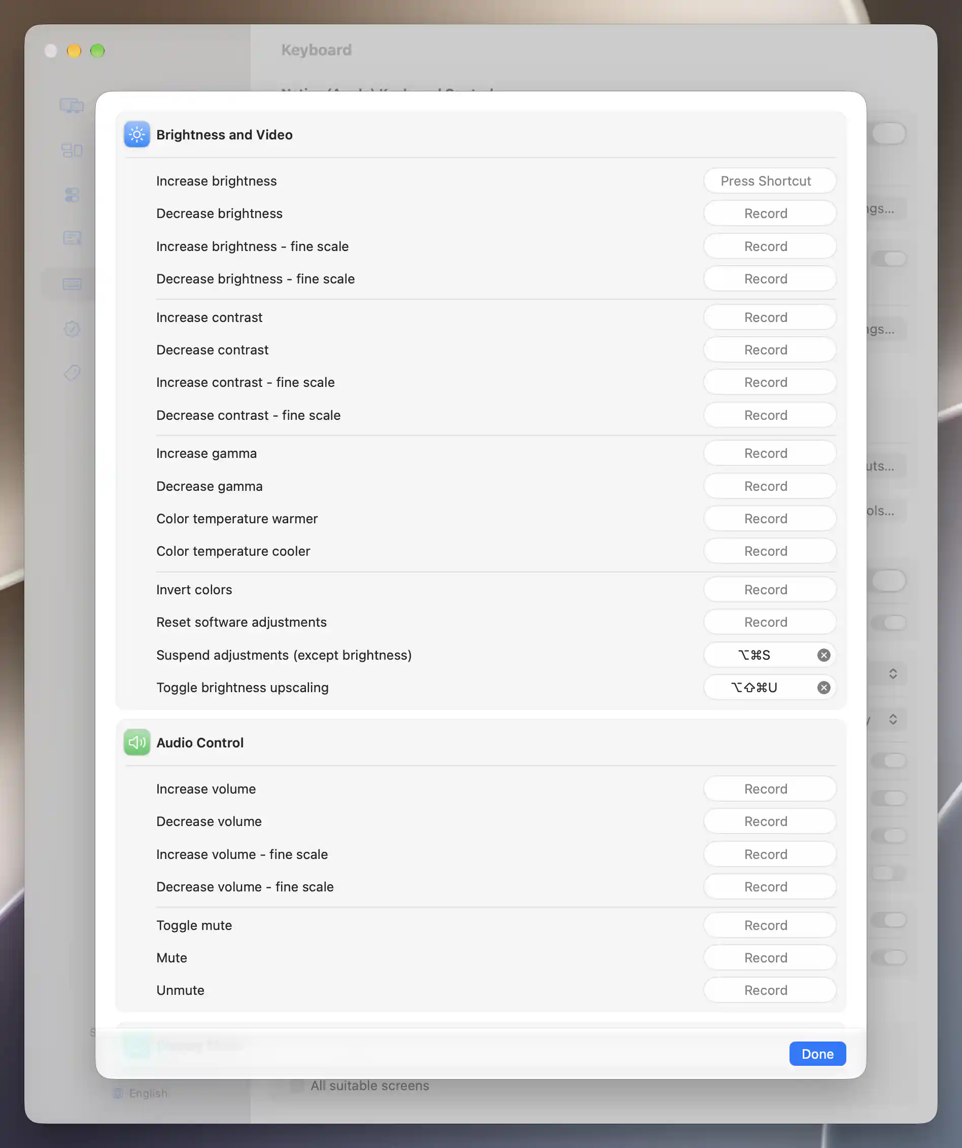 Active shortcut recorder beside saved bindings and empty recorders