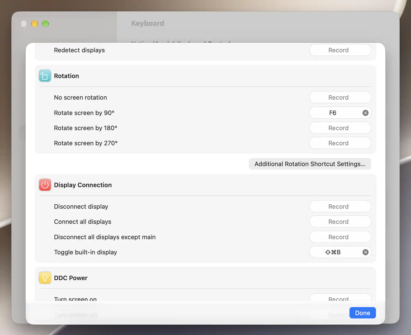 Rotation shortcut bindings and additional-settings button
