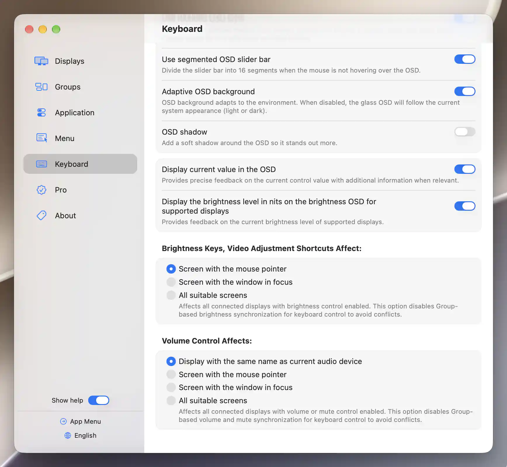 Brightness and audio keyboard target choices