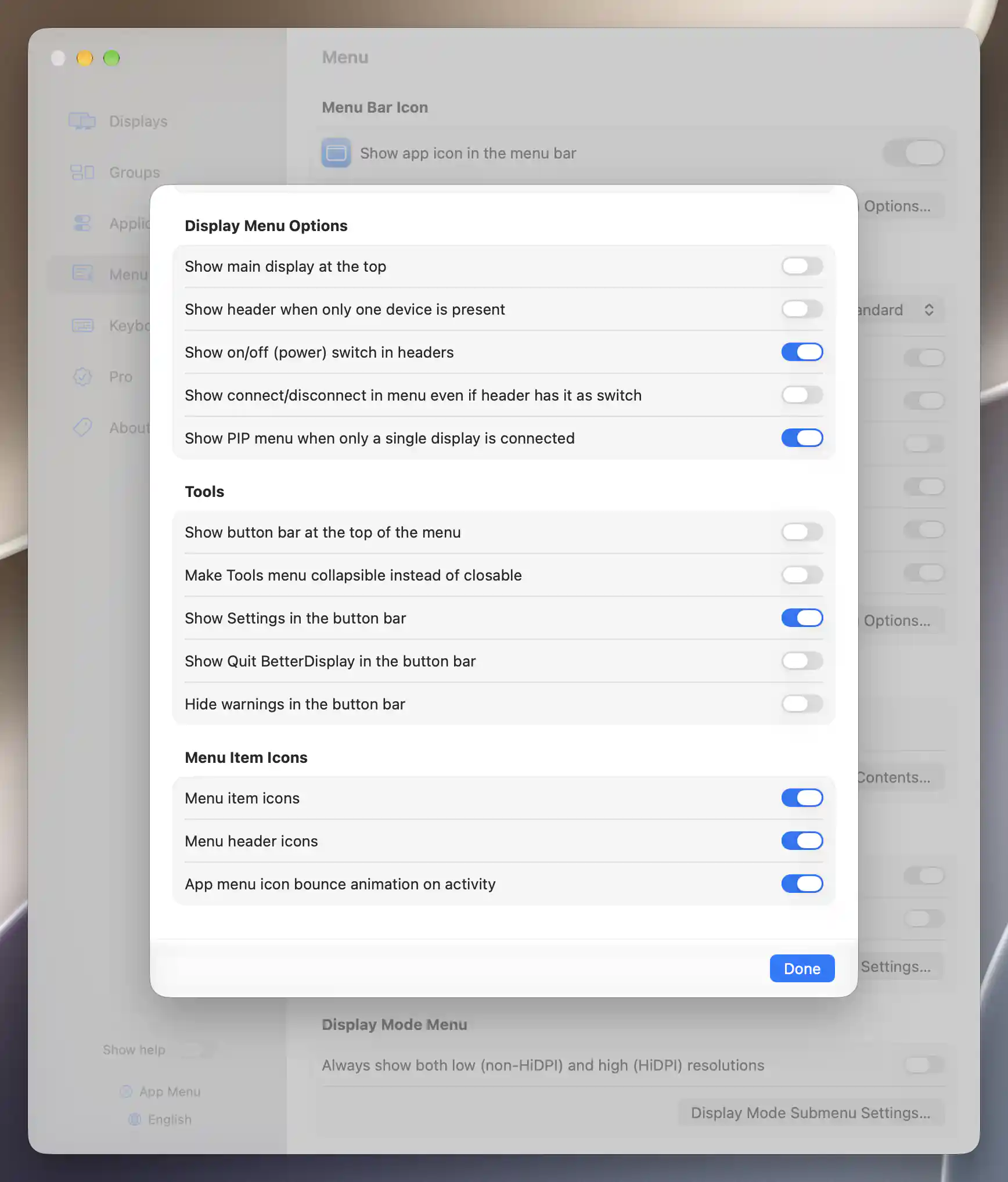 Display headers, Tools button bar and menu icon preferences