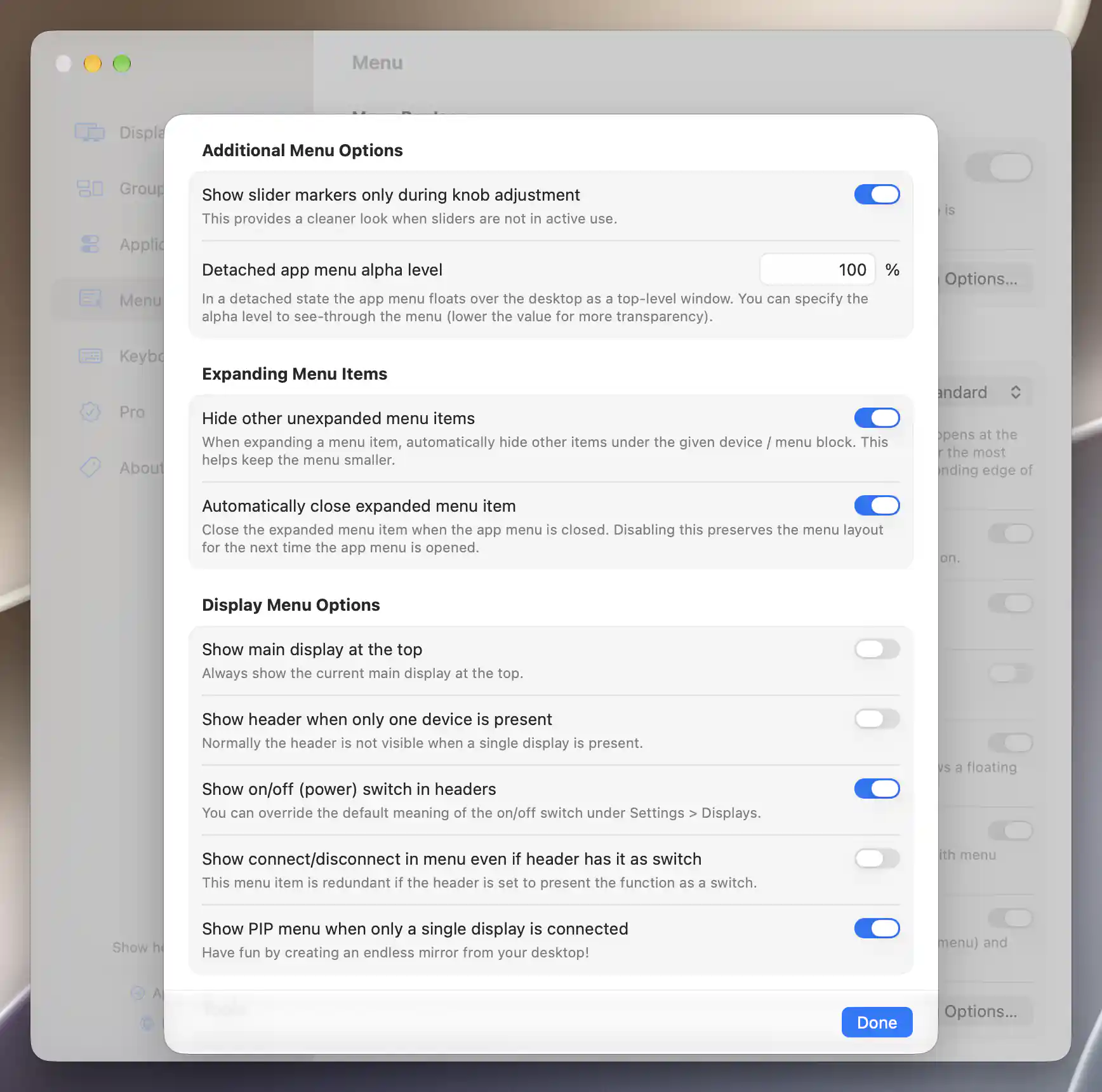 Additional menu options for markers, transparency and expansion