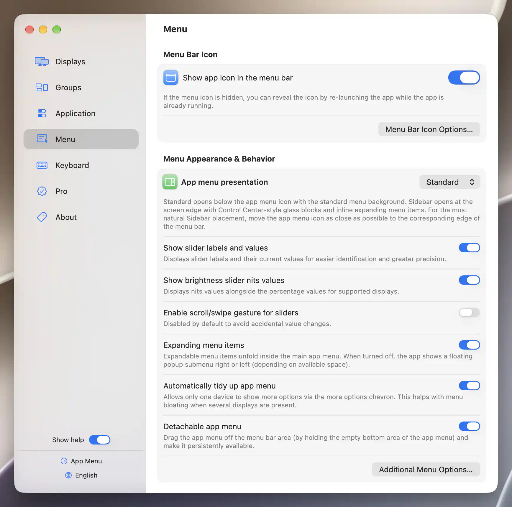 Menu appearance options with Standard presentation selected