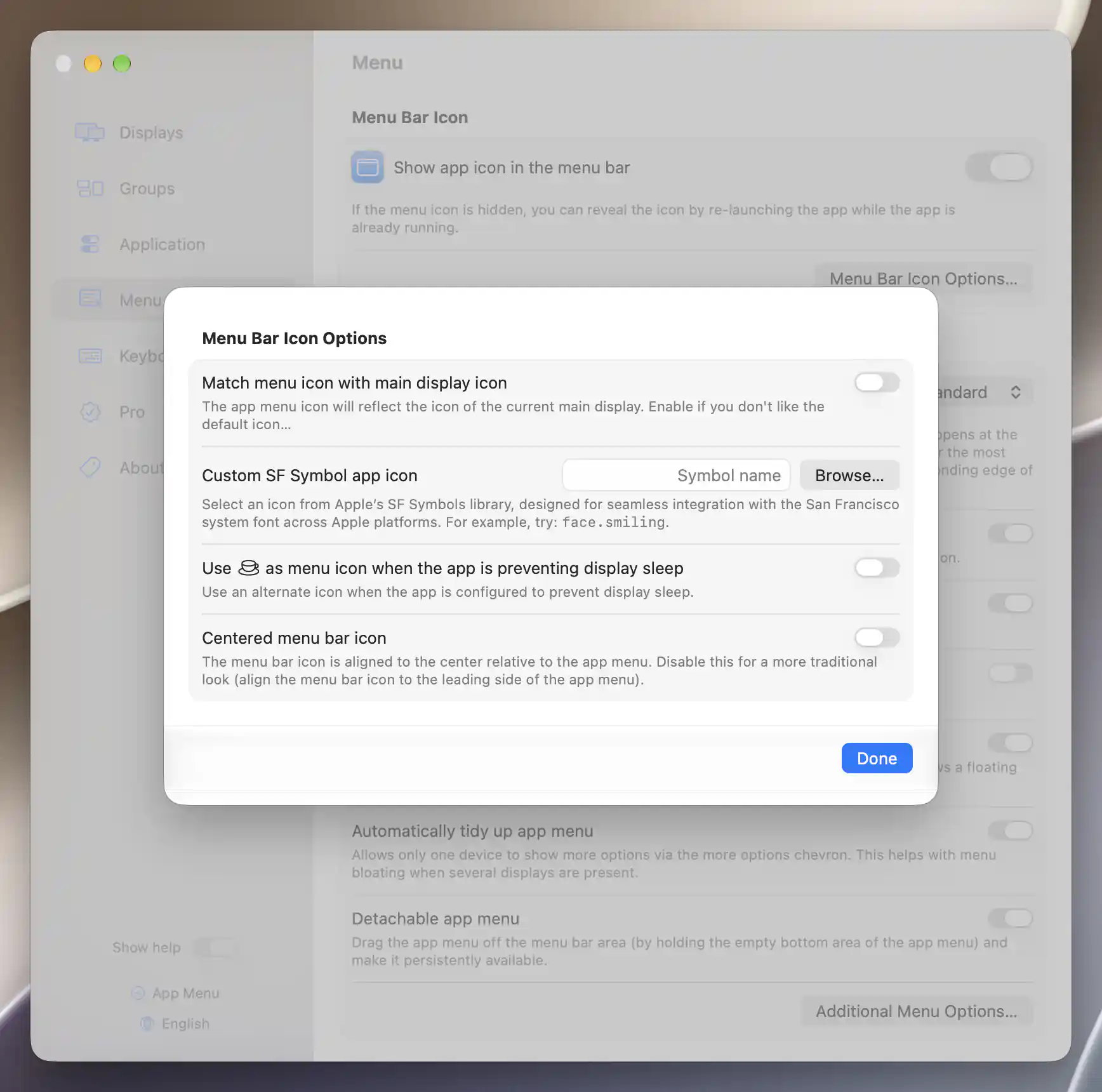 Menu Bar Icon Options with appearance and alignment options