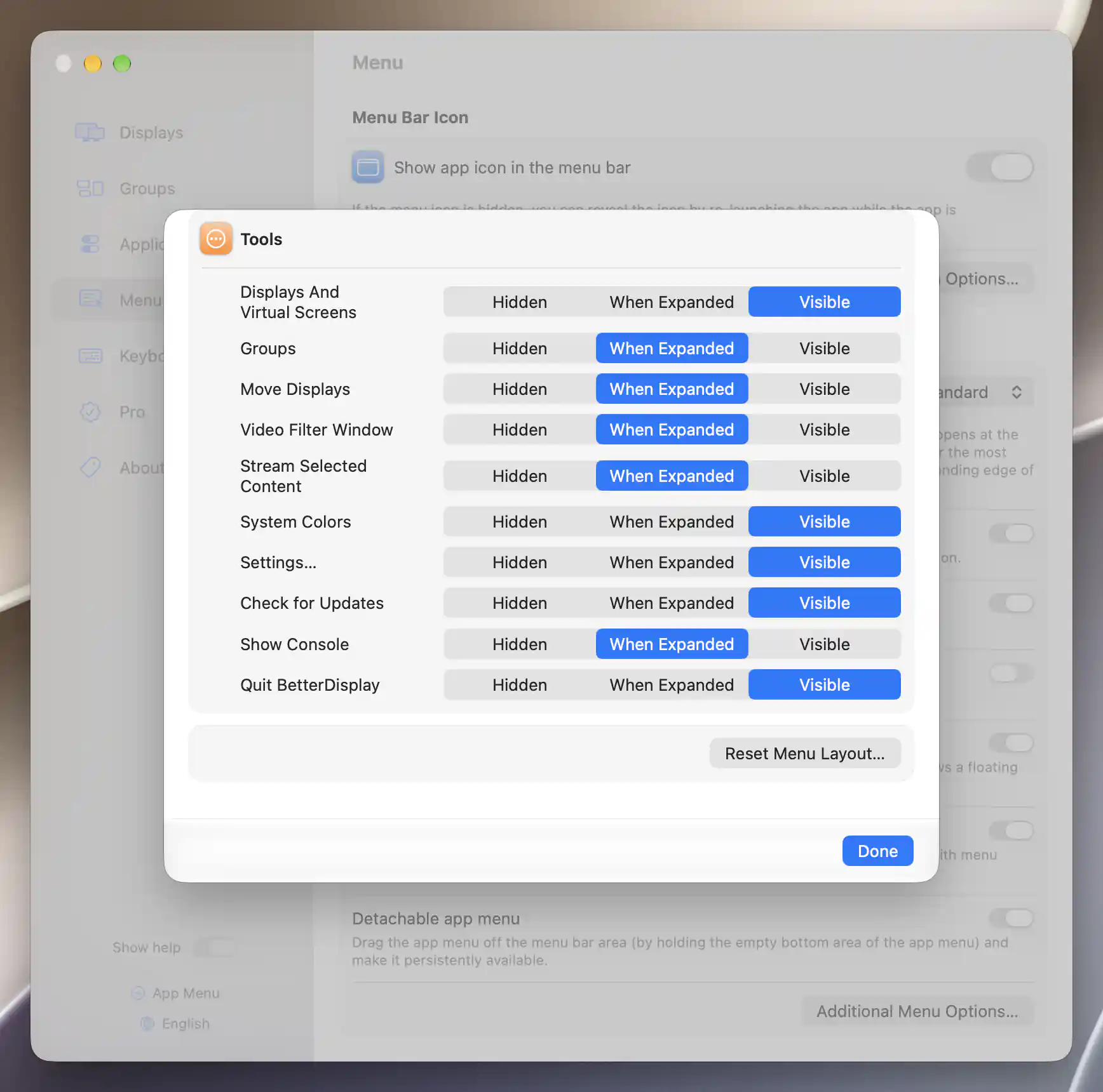 Tools visibility options and Reset Menu Layout