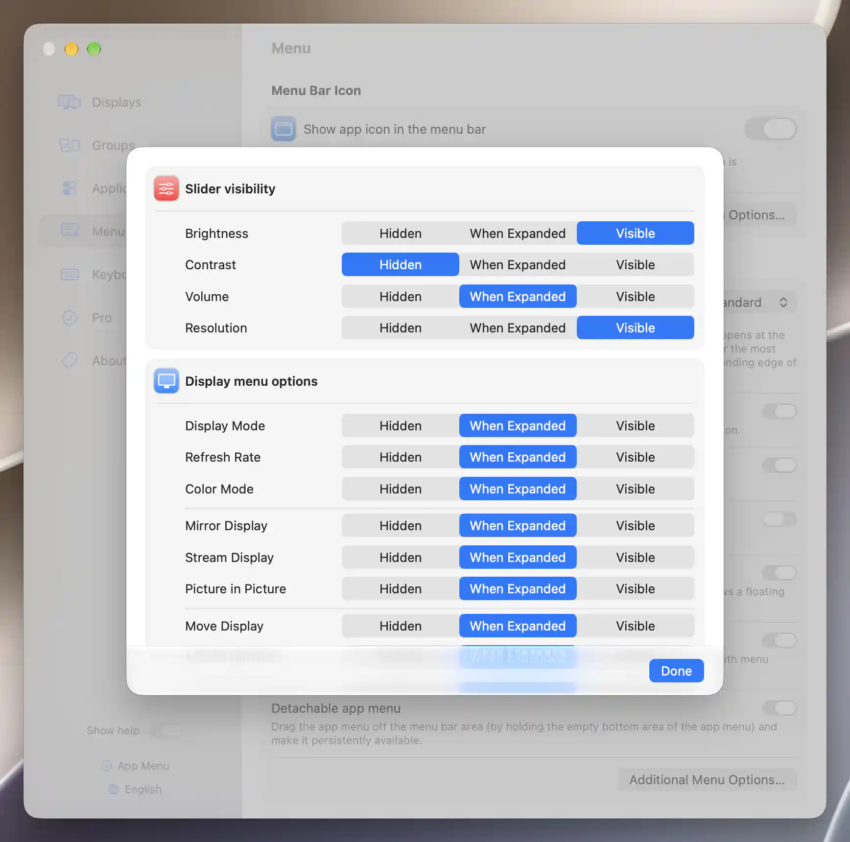 Menu visibility choices for sliders and display features