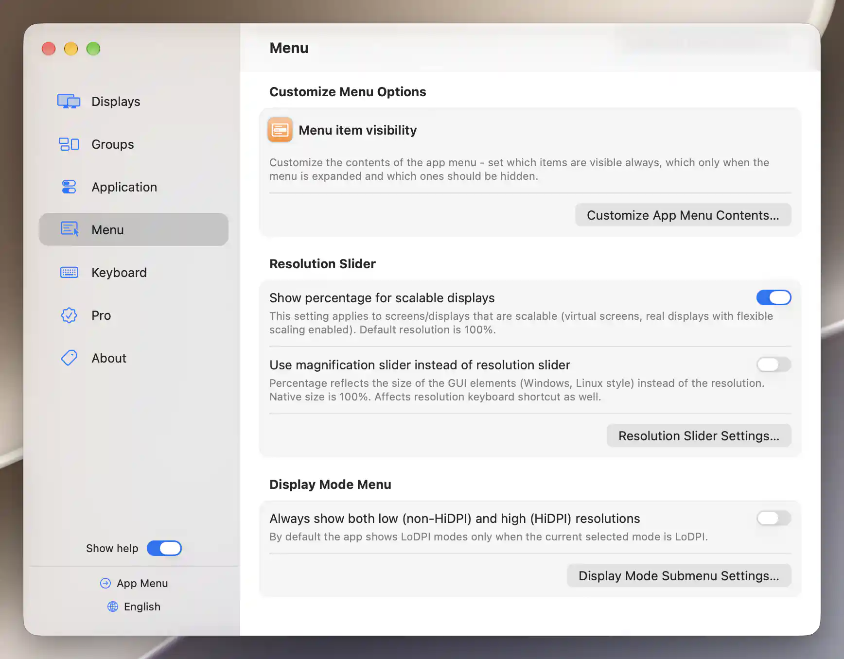 Resolution slider and Display Mode menu preferences
