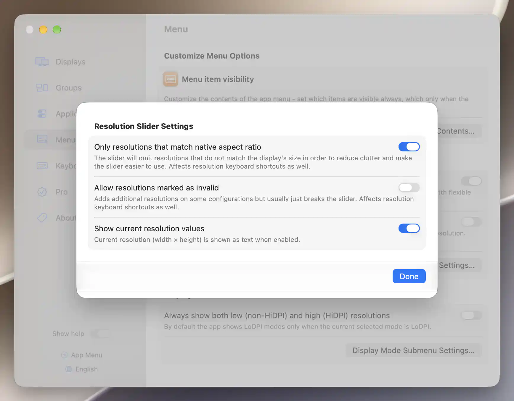 Resolution slider filtering and value display options