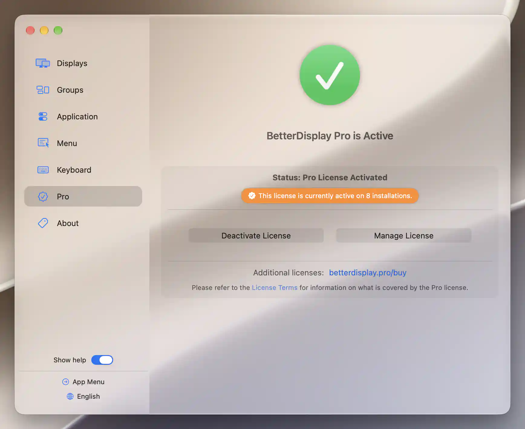 Pro pane with an activated license, eight installations and license-management actions