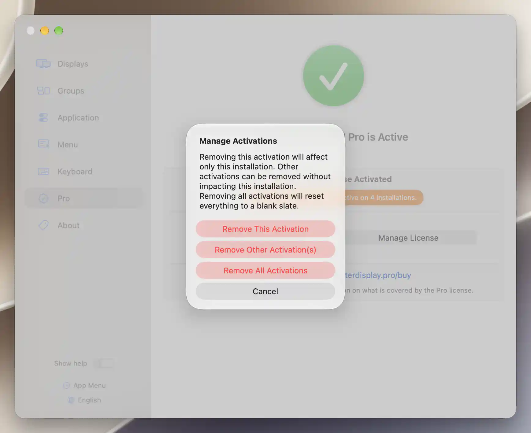 Manage Activations confirmation with three removal choices and Cancel