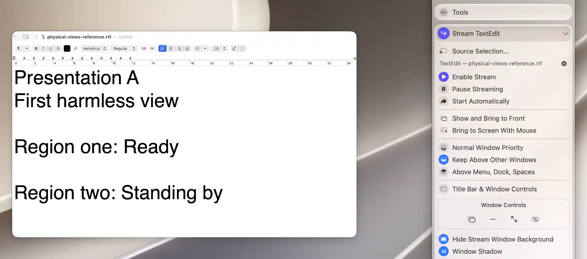 Compact selected-window copy beside its menu with the title bar hidden, background hidden and native Window Shadow enabled.