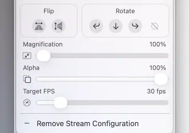 Selected-content stream menu with Target FPS set to 30 and Alpha and Magnification at 100%.