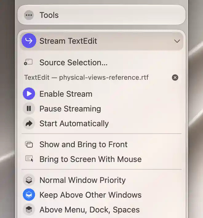 Selected-content menu listing one harmless reference window in a separate active stream configuration.