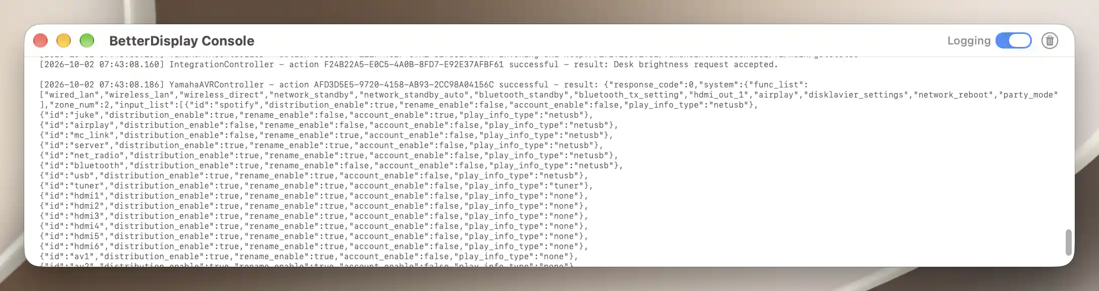 BetterDisplay Console with Logging enabled and genuine script output reporting that the desk brightness request was accepted.