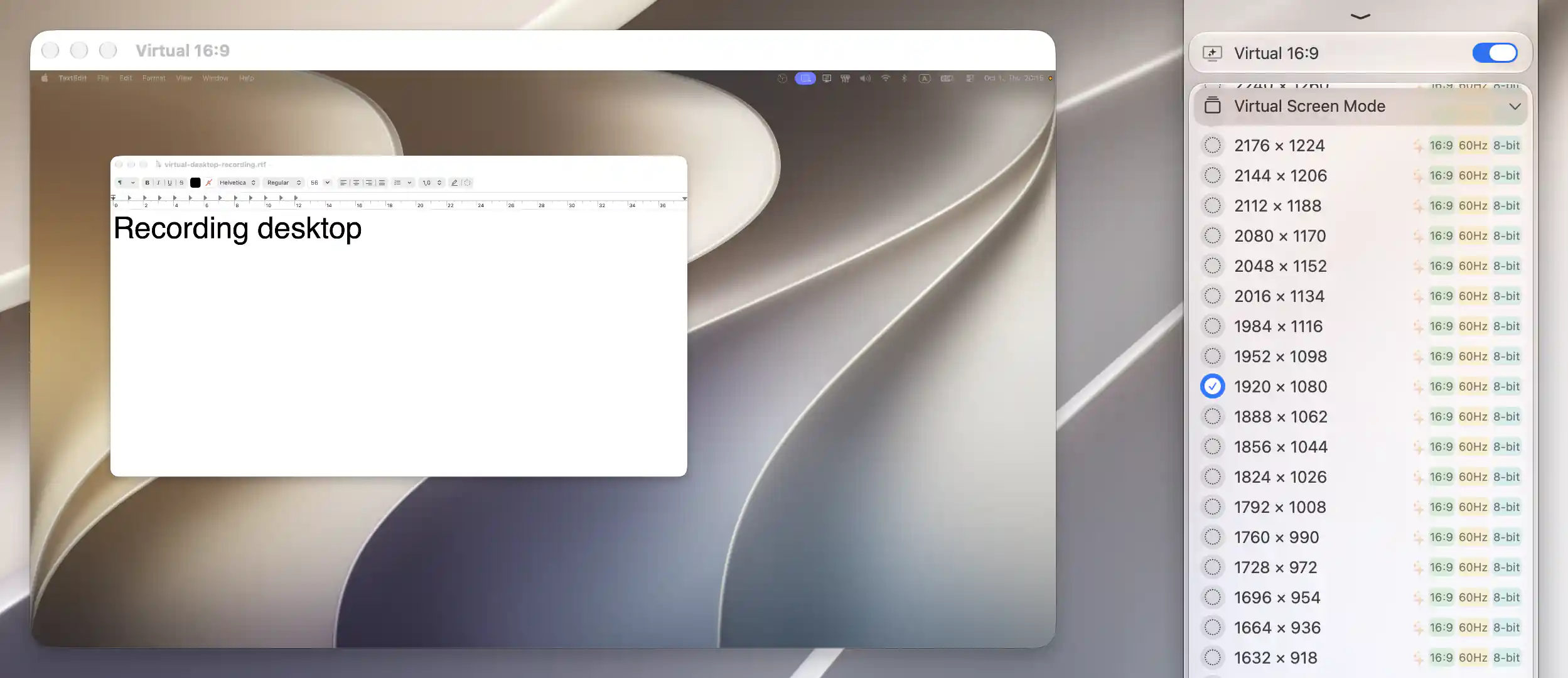Virtual 16:9 selected at 1920 × 1080 HiDPI beside its live titled PIP containing the Recording desktop document on the independent physical screen.