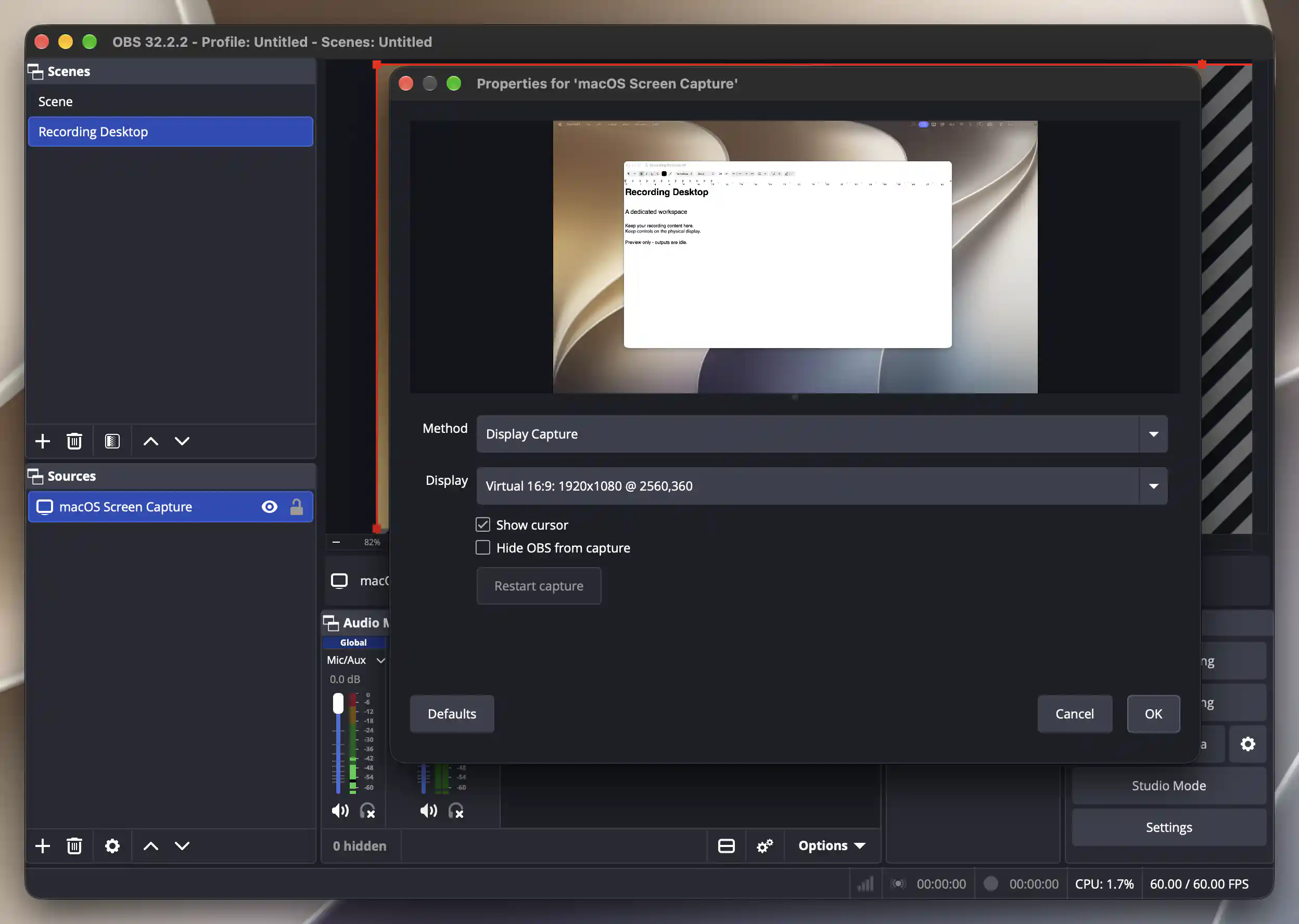 OBS macOS Screen Capture source properties using Display Capture with the new virtual desktop selected and its demonstration content visible in the preview.