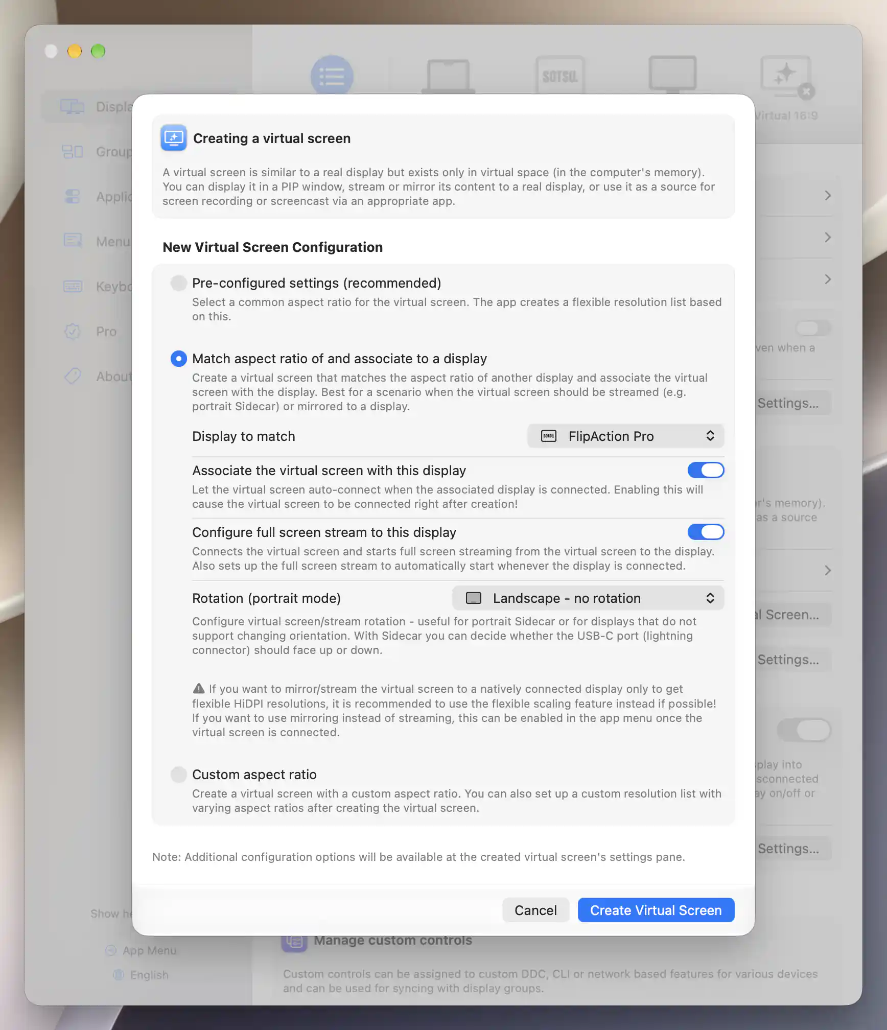 Matched virtual-screen creation form targeting FlipAction Pro with association and full-screen streaming enabled