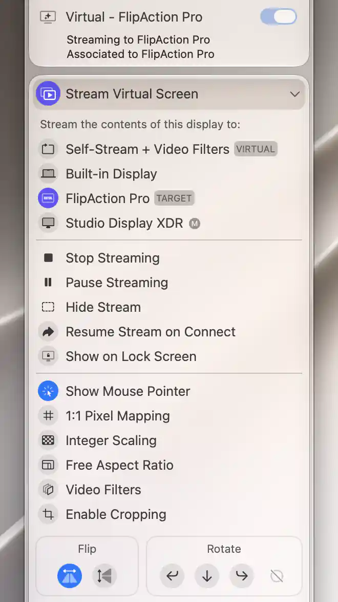 Running Virtual - FlipAction Pro stream to FlipAction Pro with horizontal Flip enabled and vertical Flip available