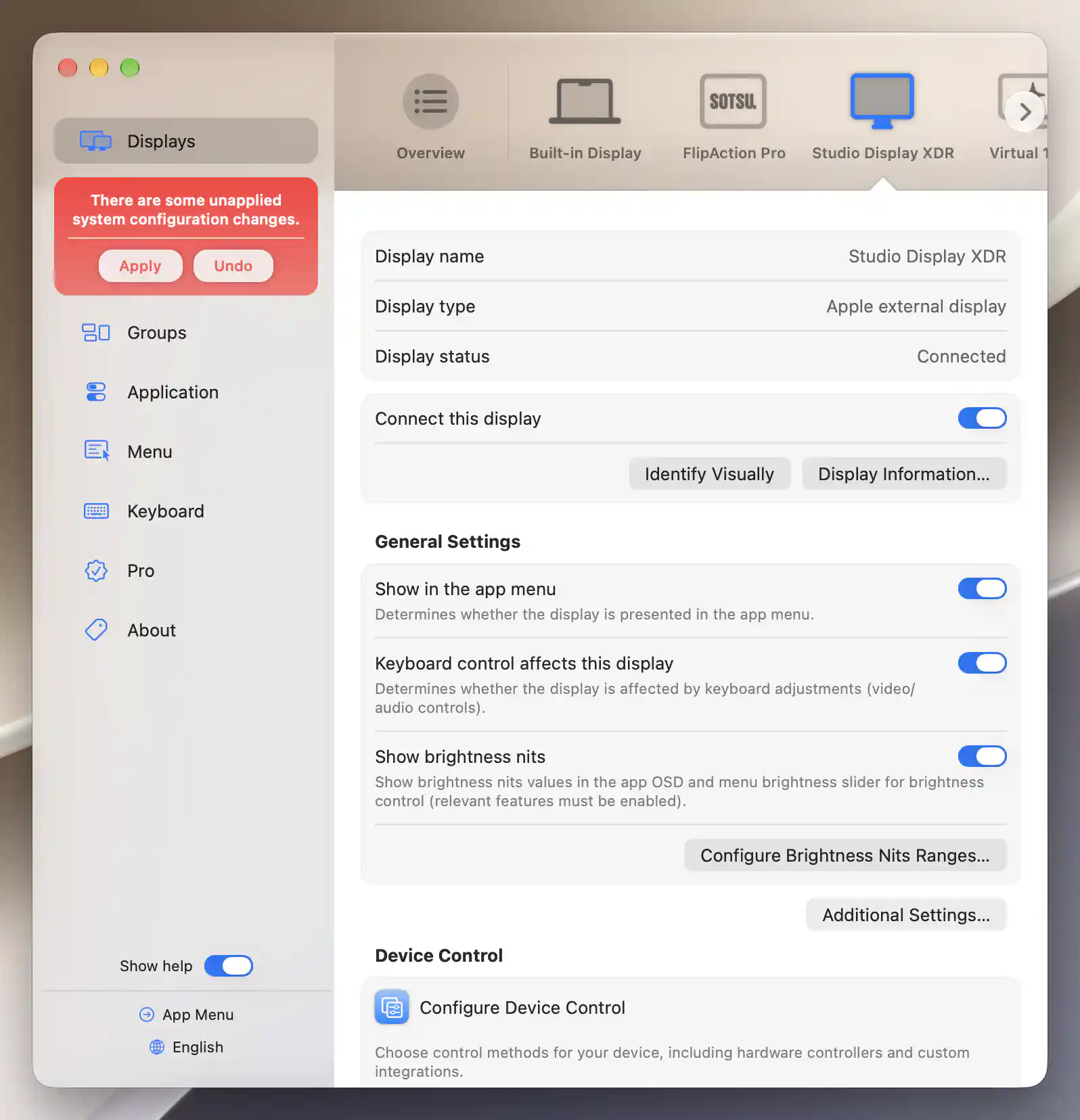 Studio Display XDR settings with unapplied display role changes and Apply and Undo buttons
