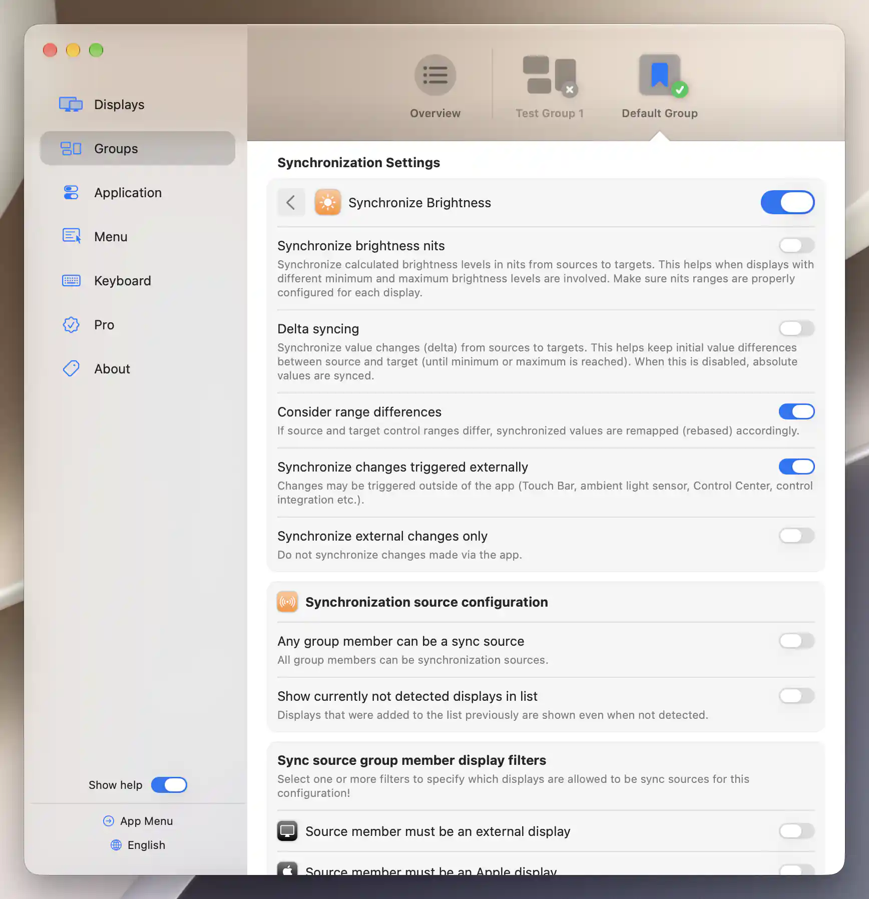 Default Group brightness synchronization with nits and delta off, range differences and external changes on