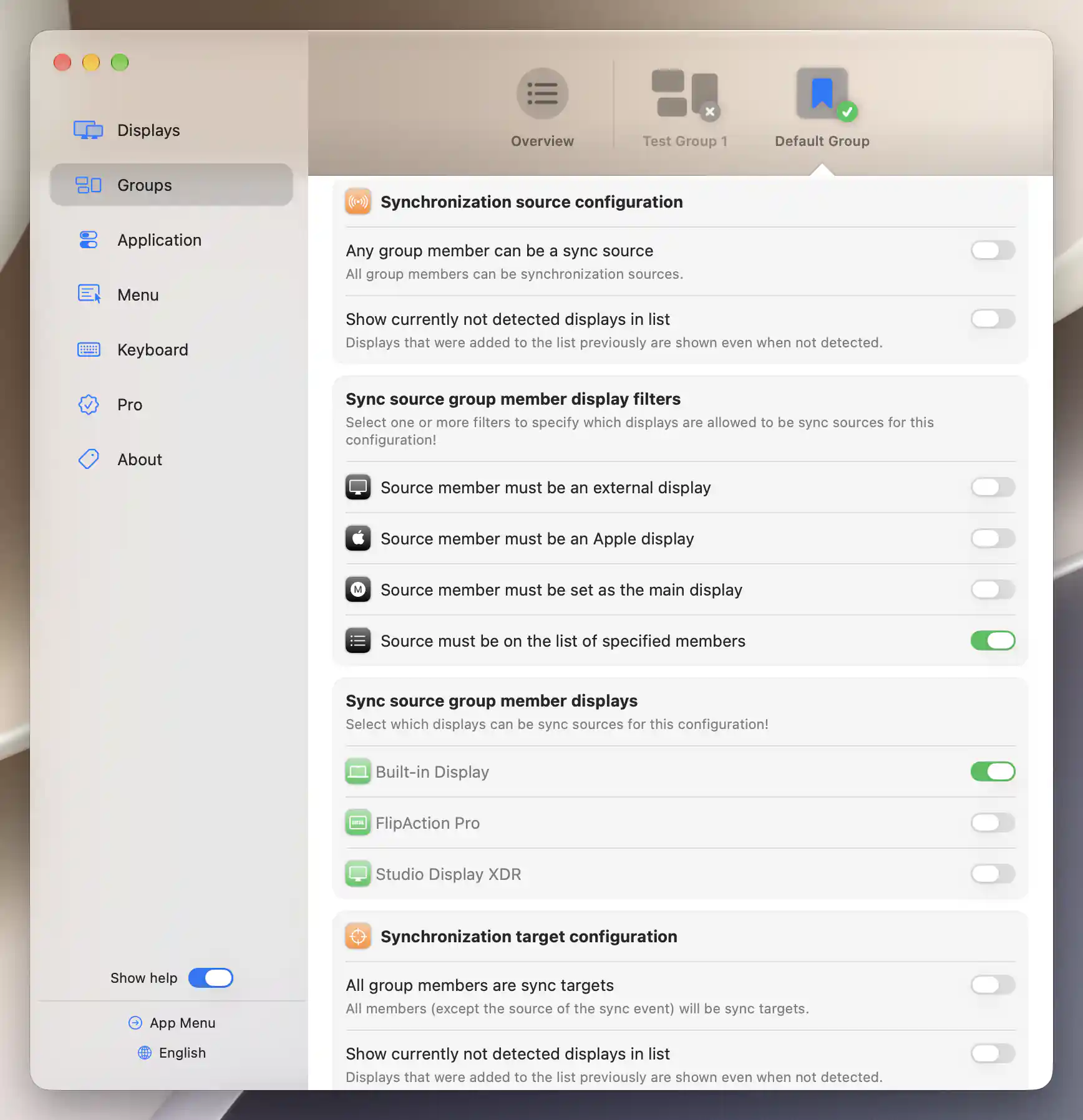 Default Group explicit brightness source filters and member list with only Built-in Display selected