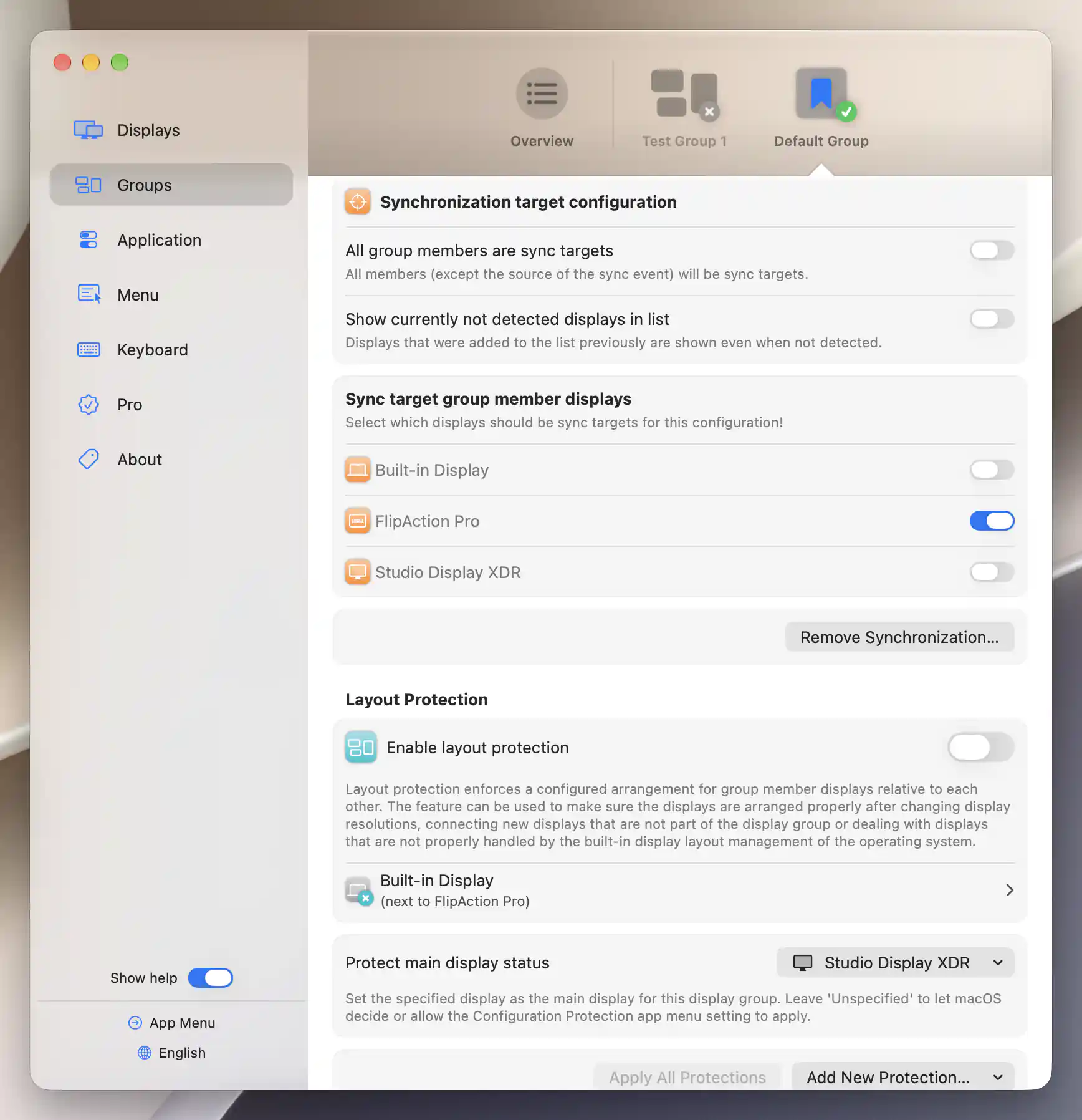 Default Group explicit brightness target list with FlipAction Pro selected and Built-in Display and Studio Display XDR off