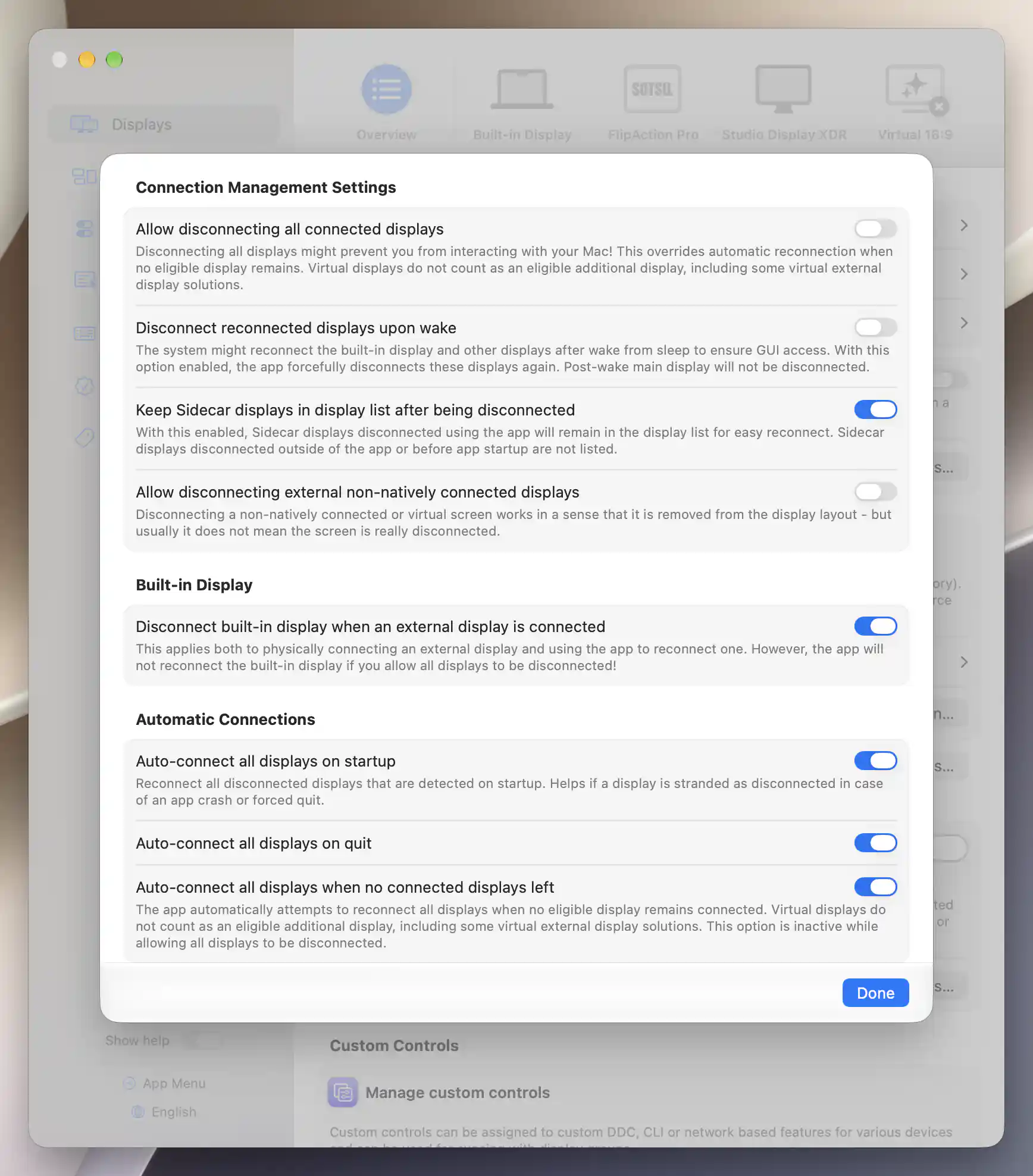 Connection Management Settings with automatic built-in disconnection enabled and normal startup, quit and no-display reconnection safeguards on.