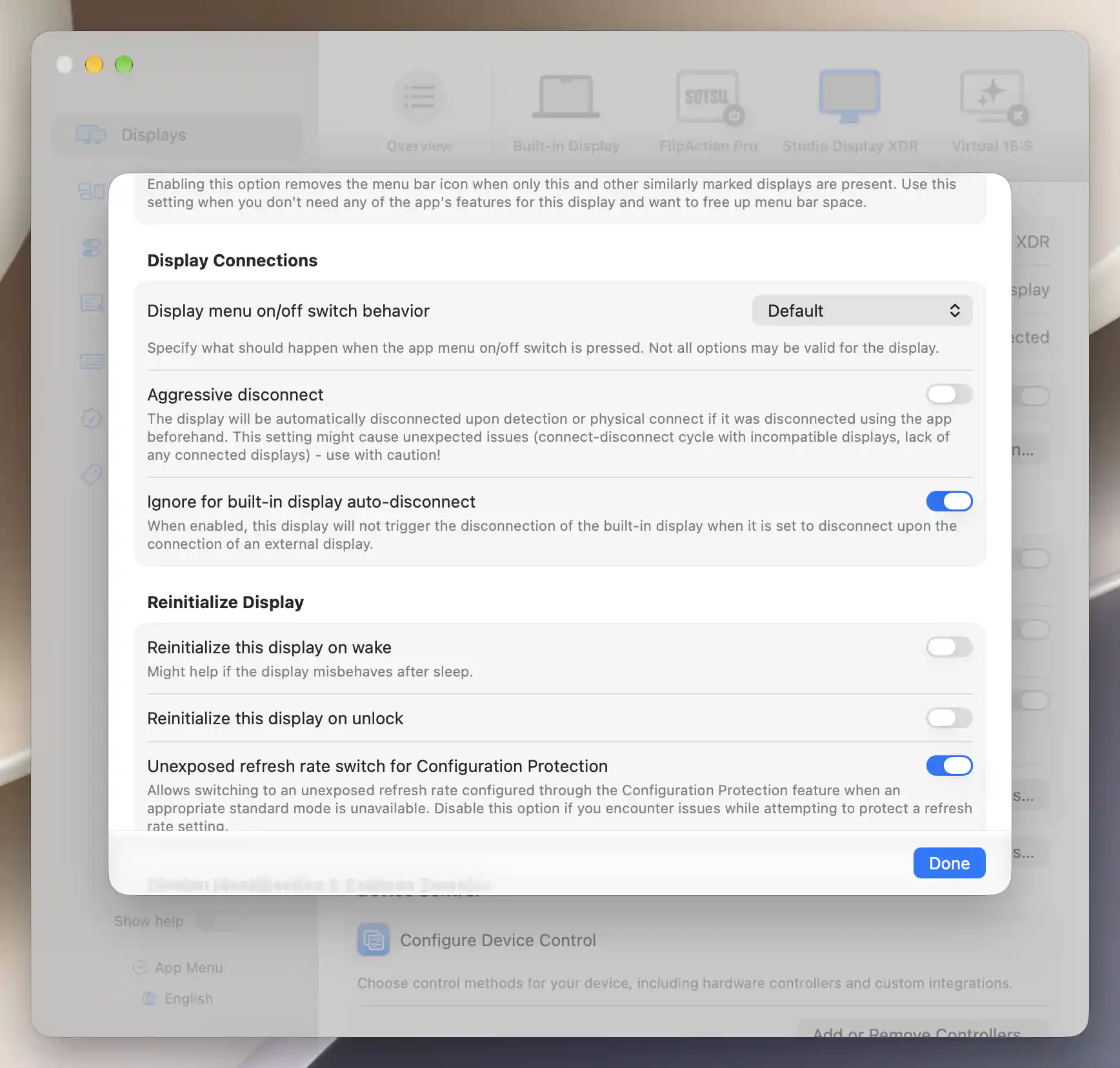 Studio Display XDR Display Connections settings with Default behavior, Aggressive disconnect off and Ignore for built-in display auto-disconnect on; the built-in is connected and FlipAction Pro is soft-disconnected.
