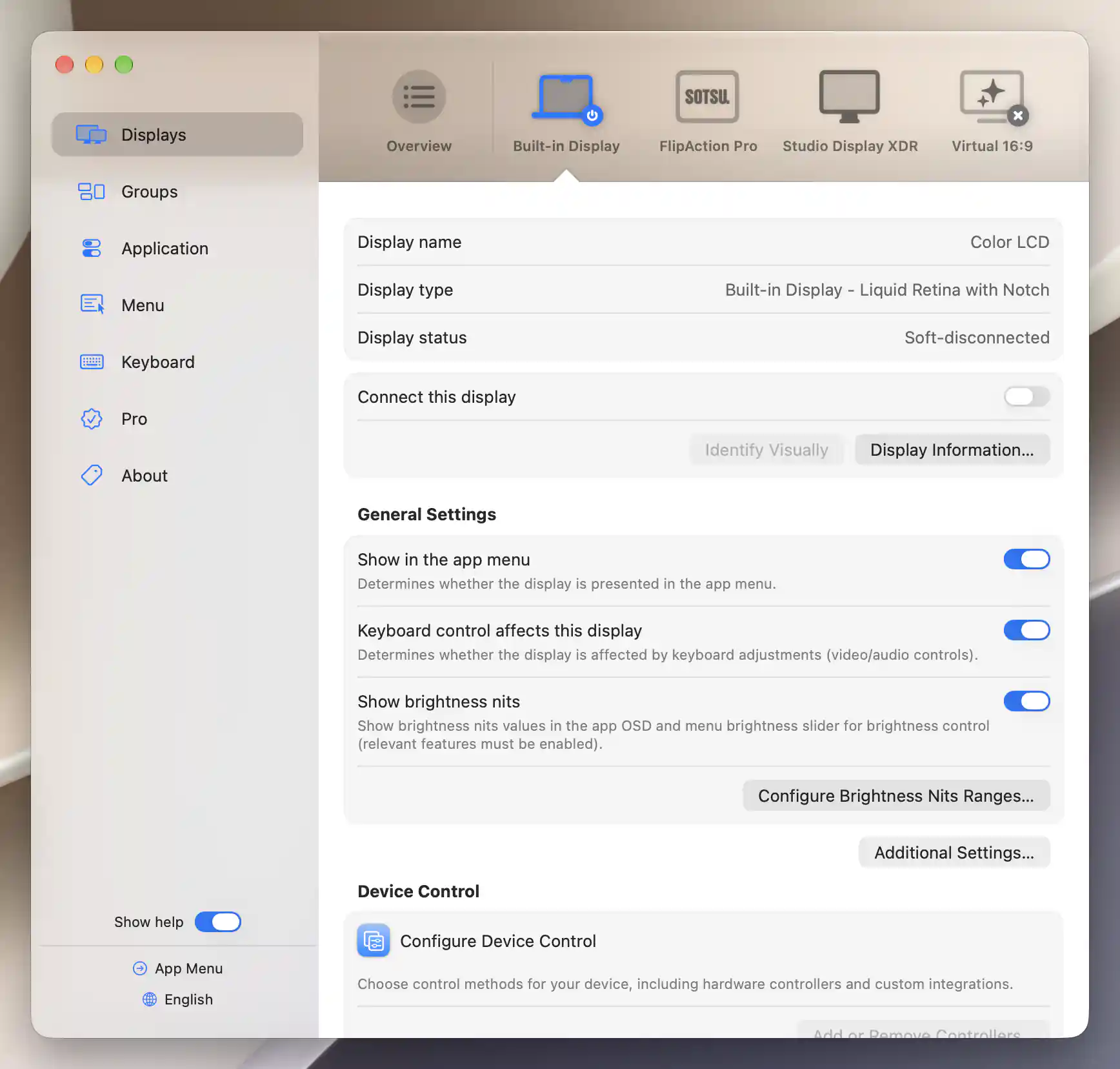 Built-in Display Settings with a genuine Soft-disconnected status and the Connect this display return switch off.