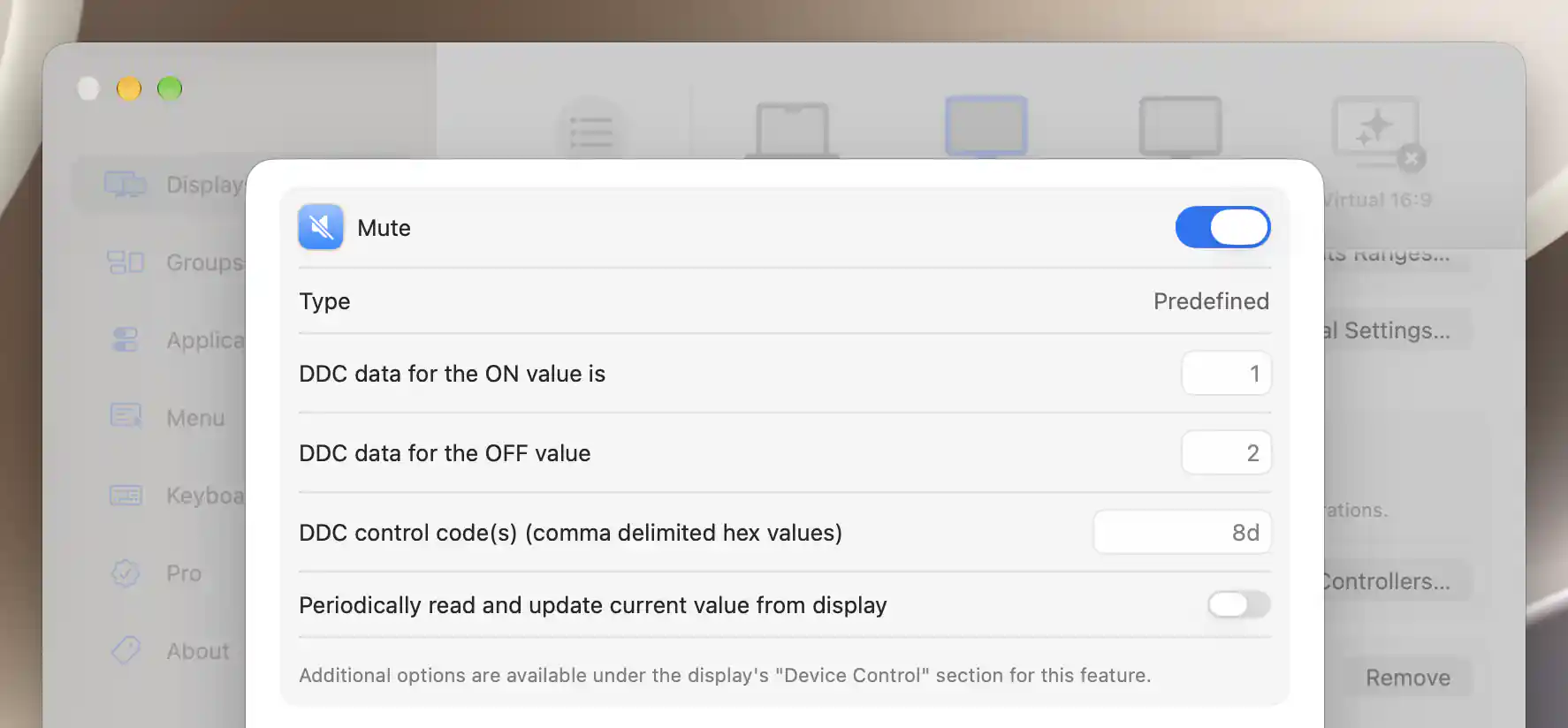 The enabled predefined DDC Mute feature with default on data 1, off data 2 and hexadecimal code 8d