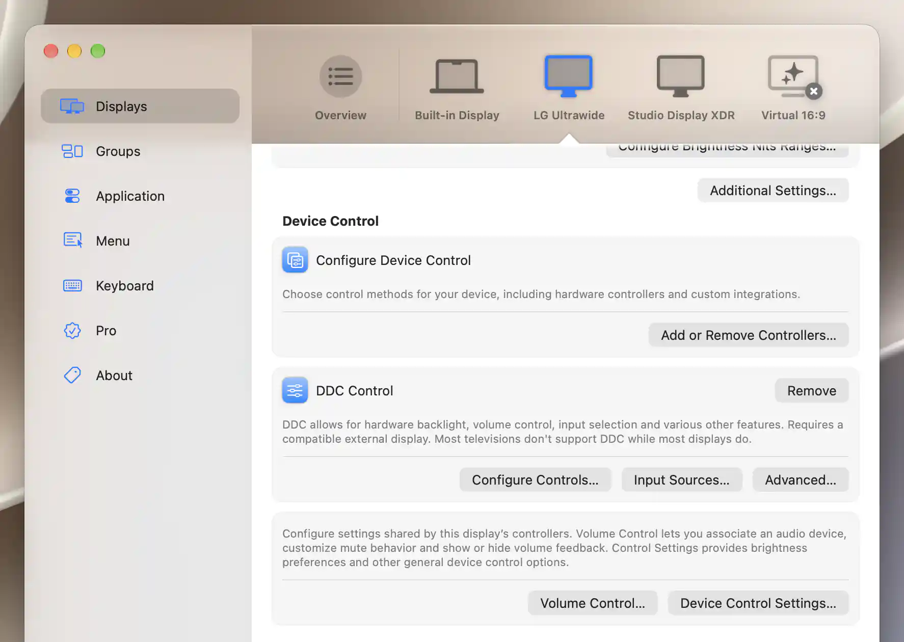 LG Ultrawide Device Control settings with Configure Controls and Volume Control entry points