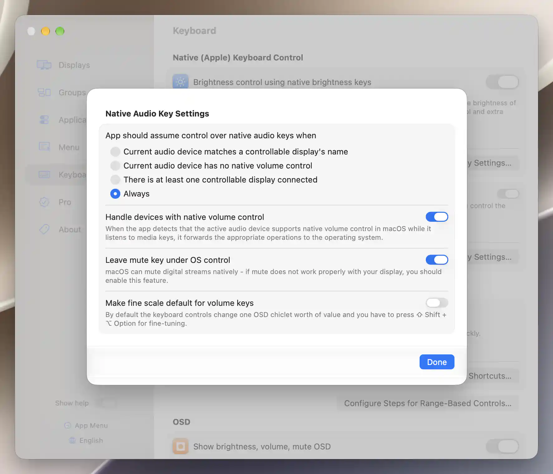 Native Audio Key Settings with Leave mute key under OS control enabled
